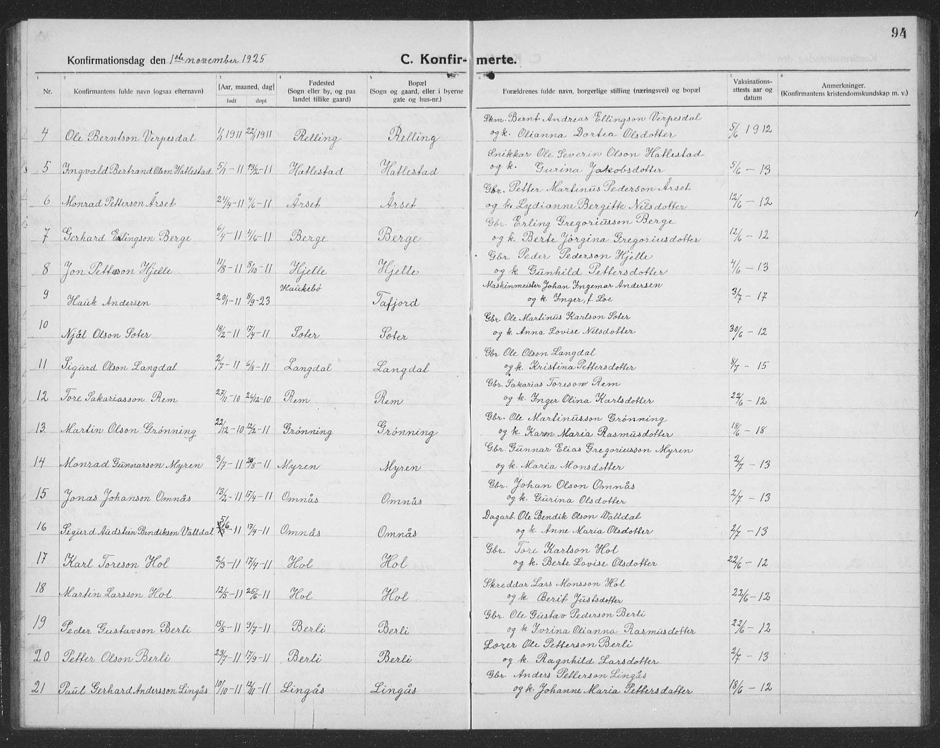 Ministerialprotokoller, klokkerbøker og fødselsregistre - Møre og Romsdal, AV/SAT-A-1454/519/L0266: Parish register (copy) no. 519C07, 1921-1939, p. 94