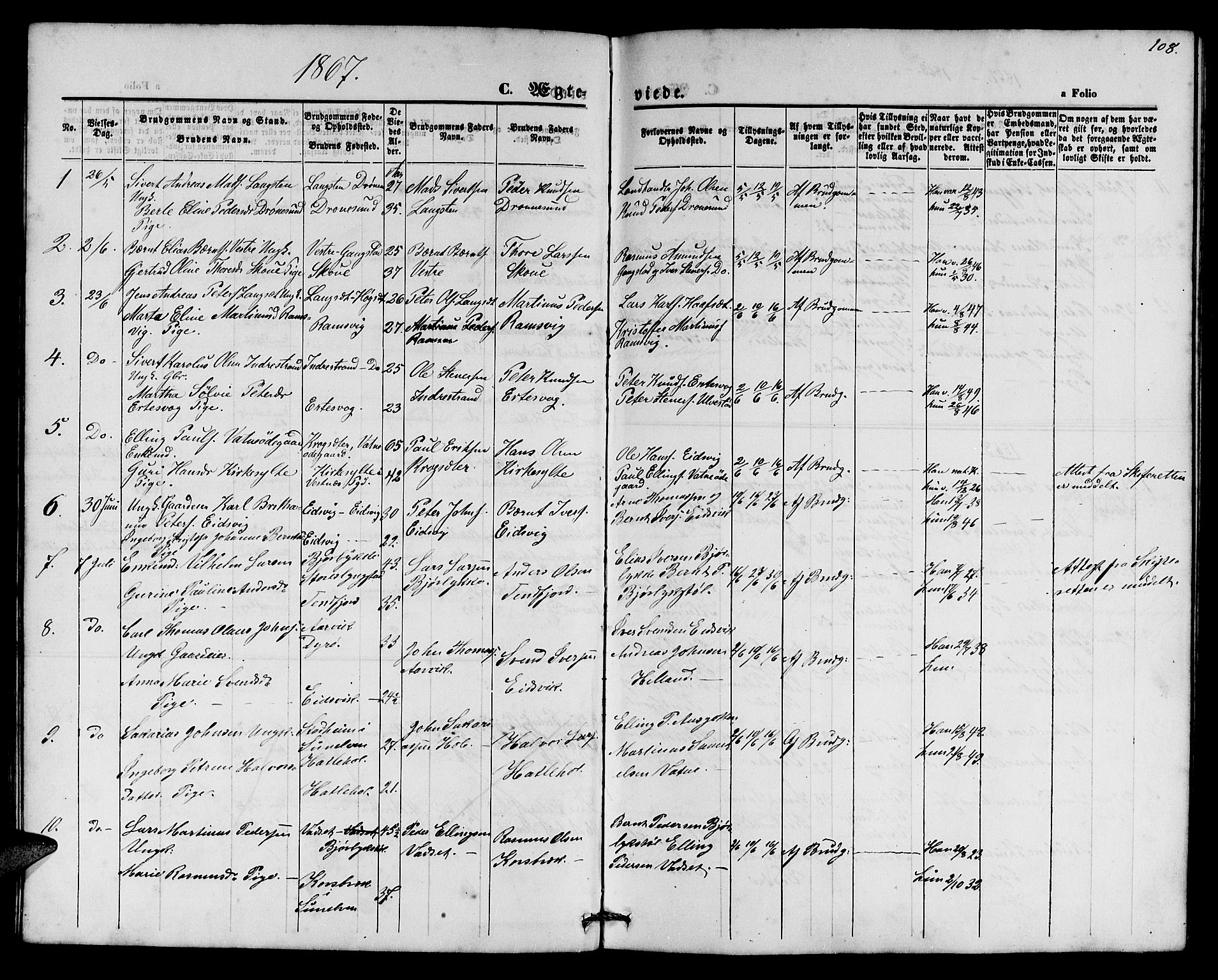 Ministerialprotokoller, klokkerbøker og fødselsregistre - Møre og Romsdal, AV/SAT-A-1454/525/L0375: Parish register (copy) no. 525C01, 1865-1879, p. 108