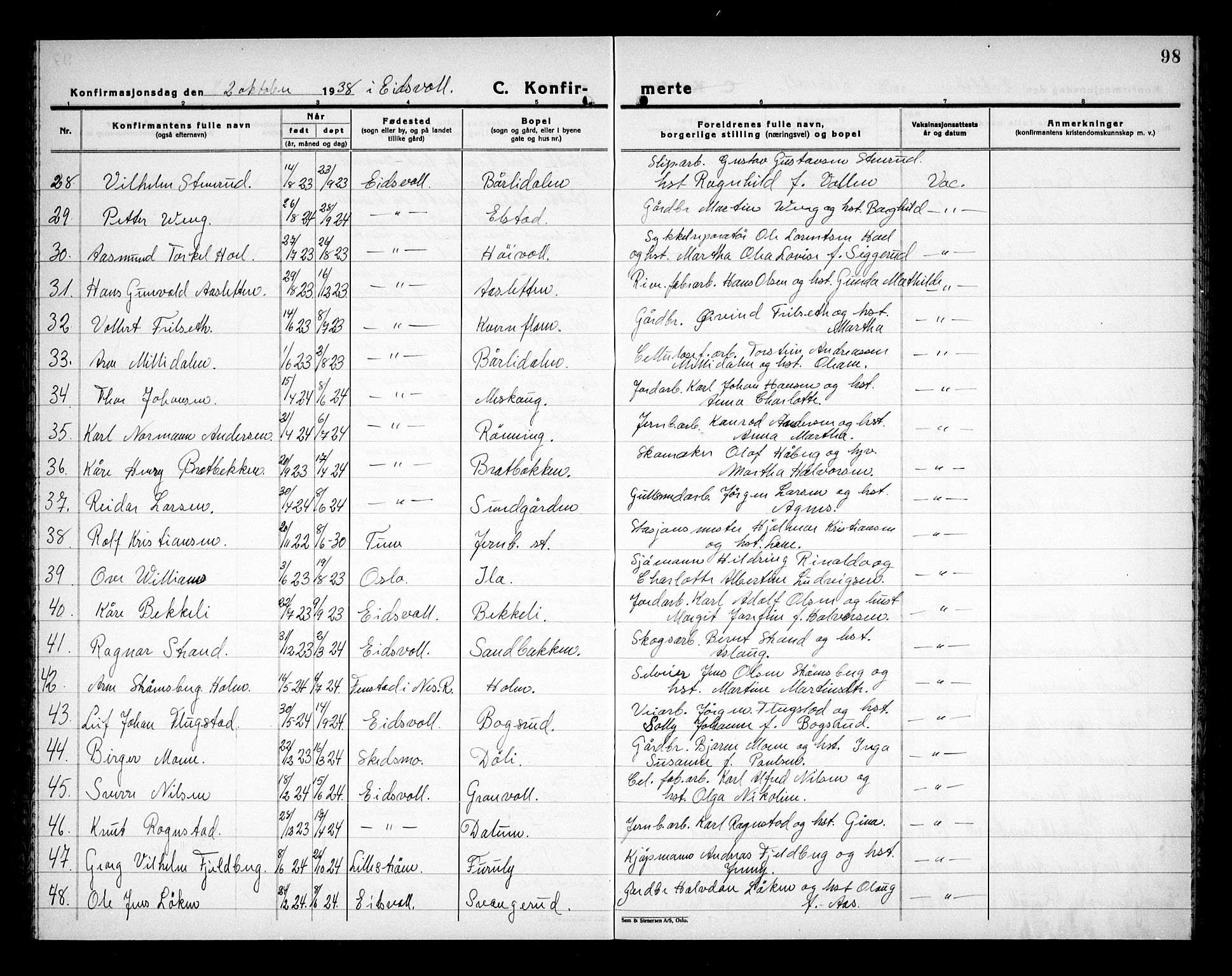 Eidsvoll prestekontor Kirkebøker, AV/SAO-A-10888/G/Ga/L0011: Parish register (copy) no. I 11, 1926-1936, p. 98