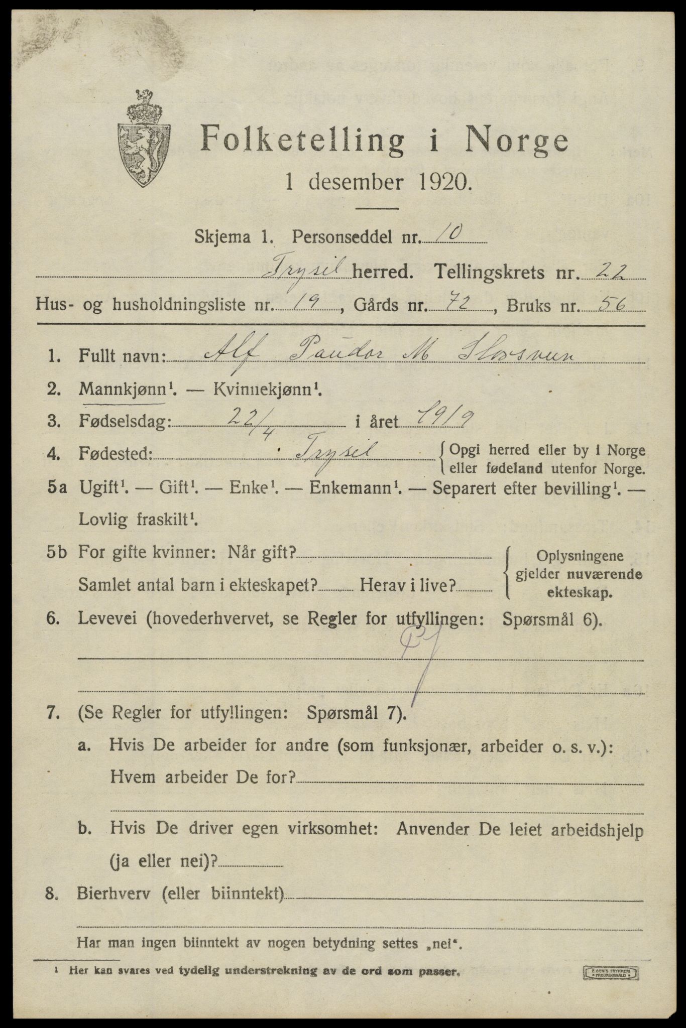 SAH, 1920 census for Trysil, 1920, p. 14845