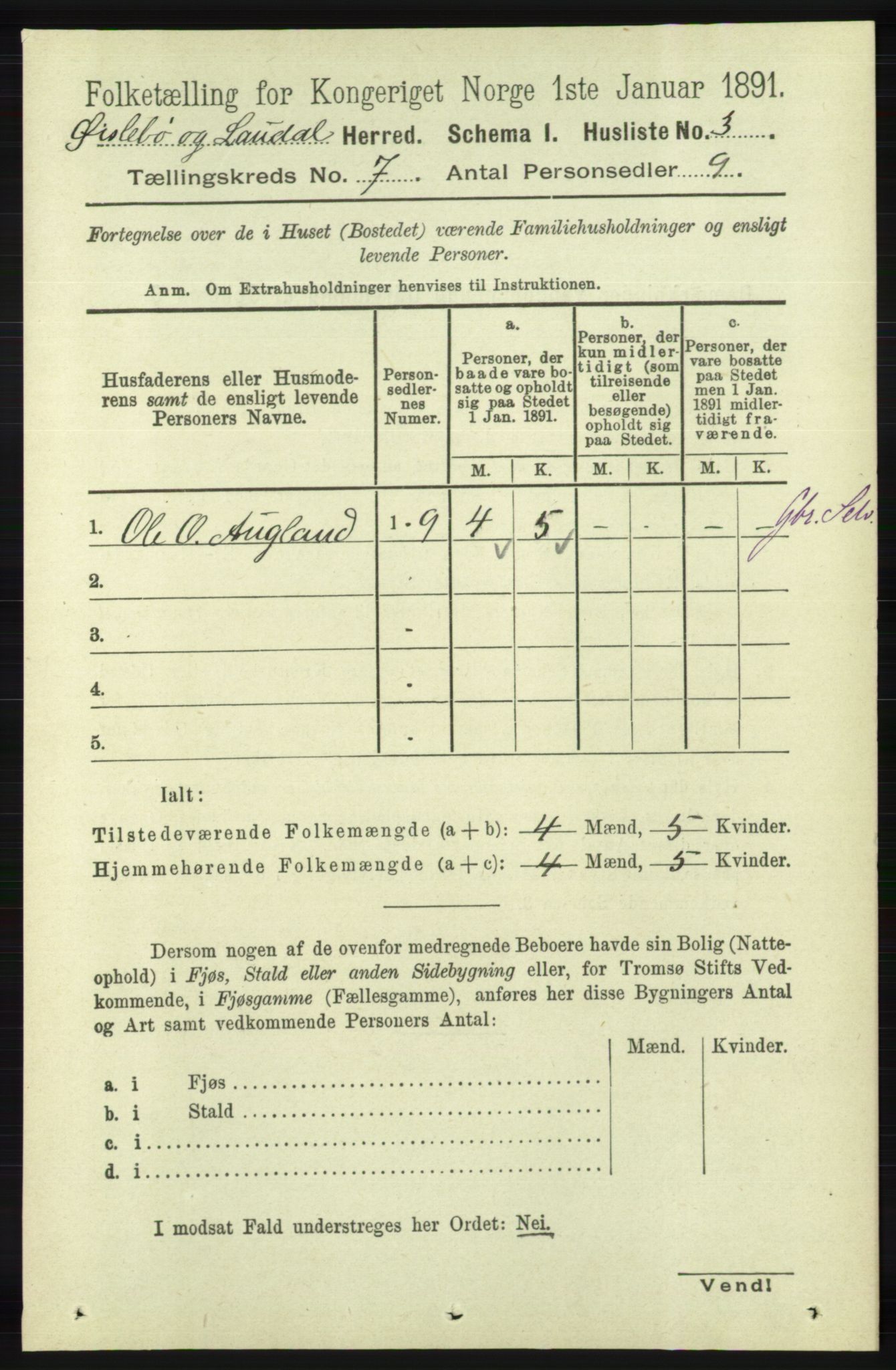 RA, 1891 census for 1021 Øyslebø og Laudal, 1891, p. 1904