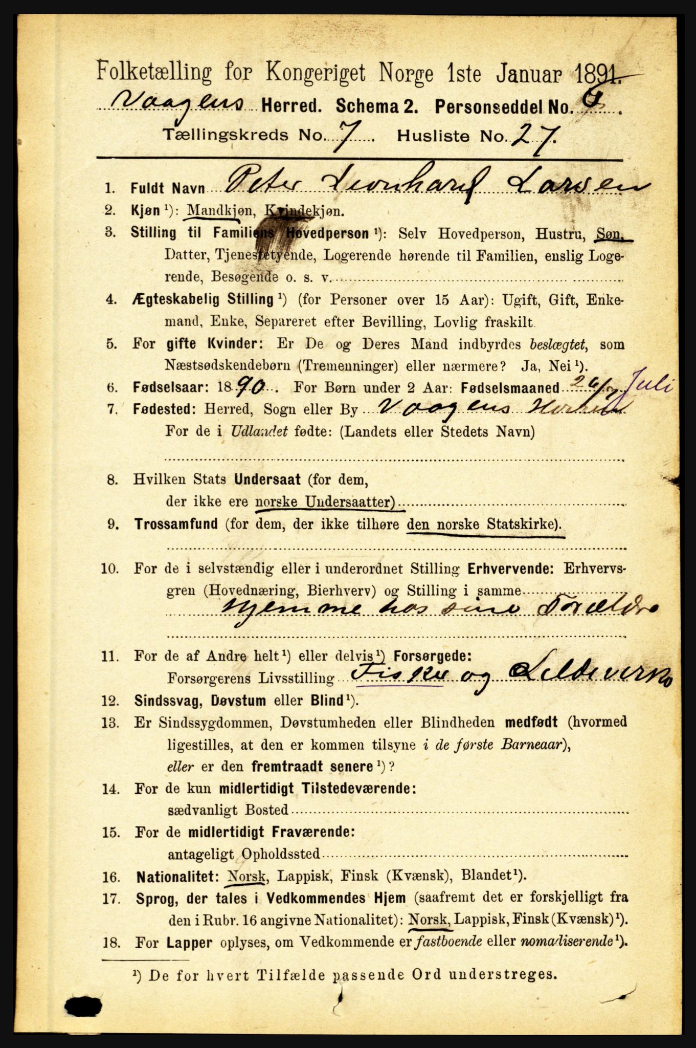 RA, 1891 census for 1865 Vågan, 1891, p. 1965