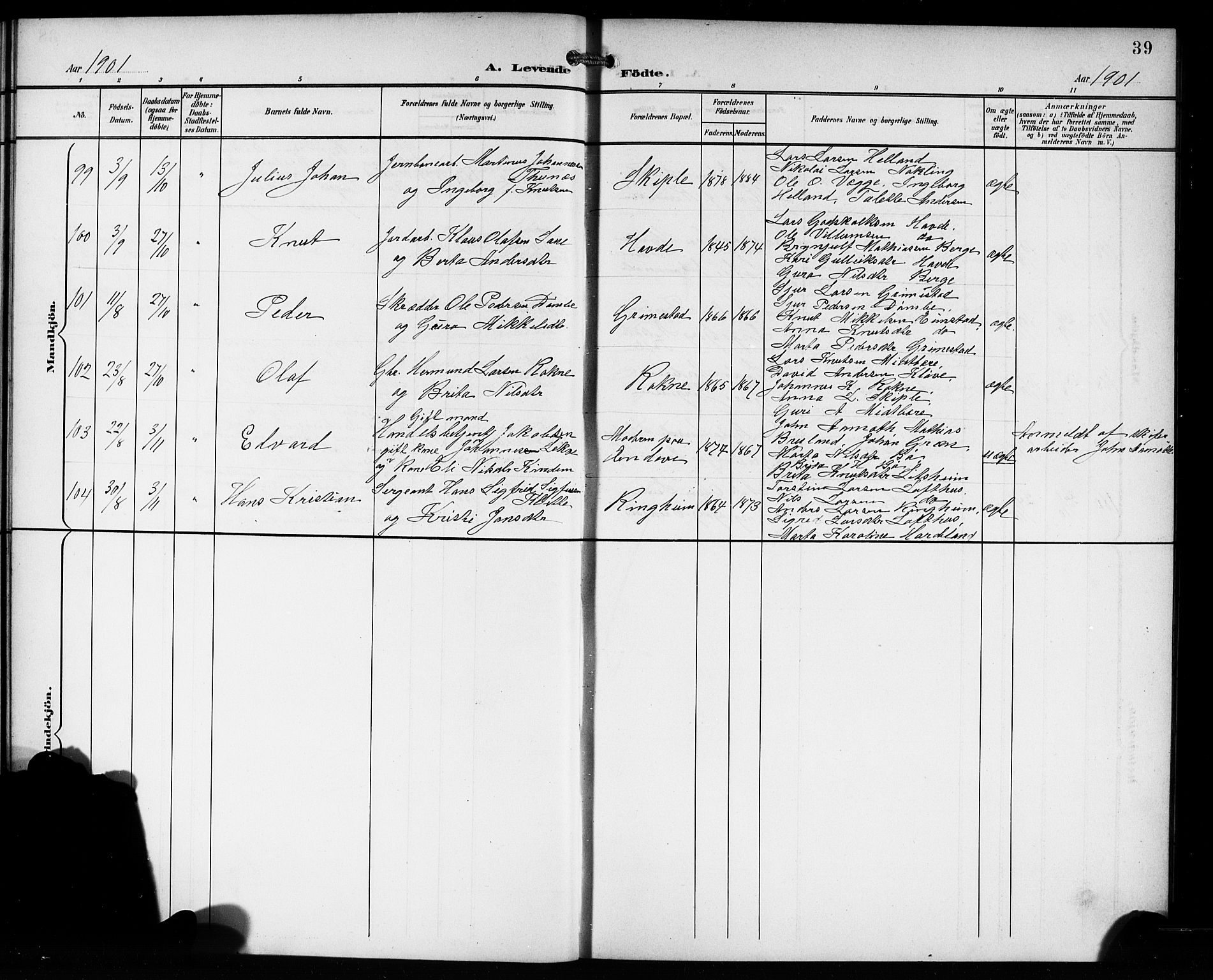 Voss sokneprestembete, AV/SAB-A-79001/H/Hab: Parish register (copy) no. C 2, 1900-1909, p. 39