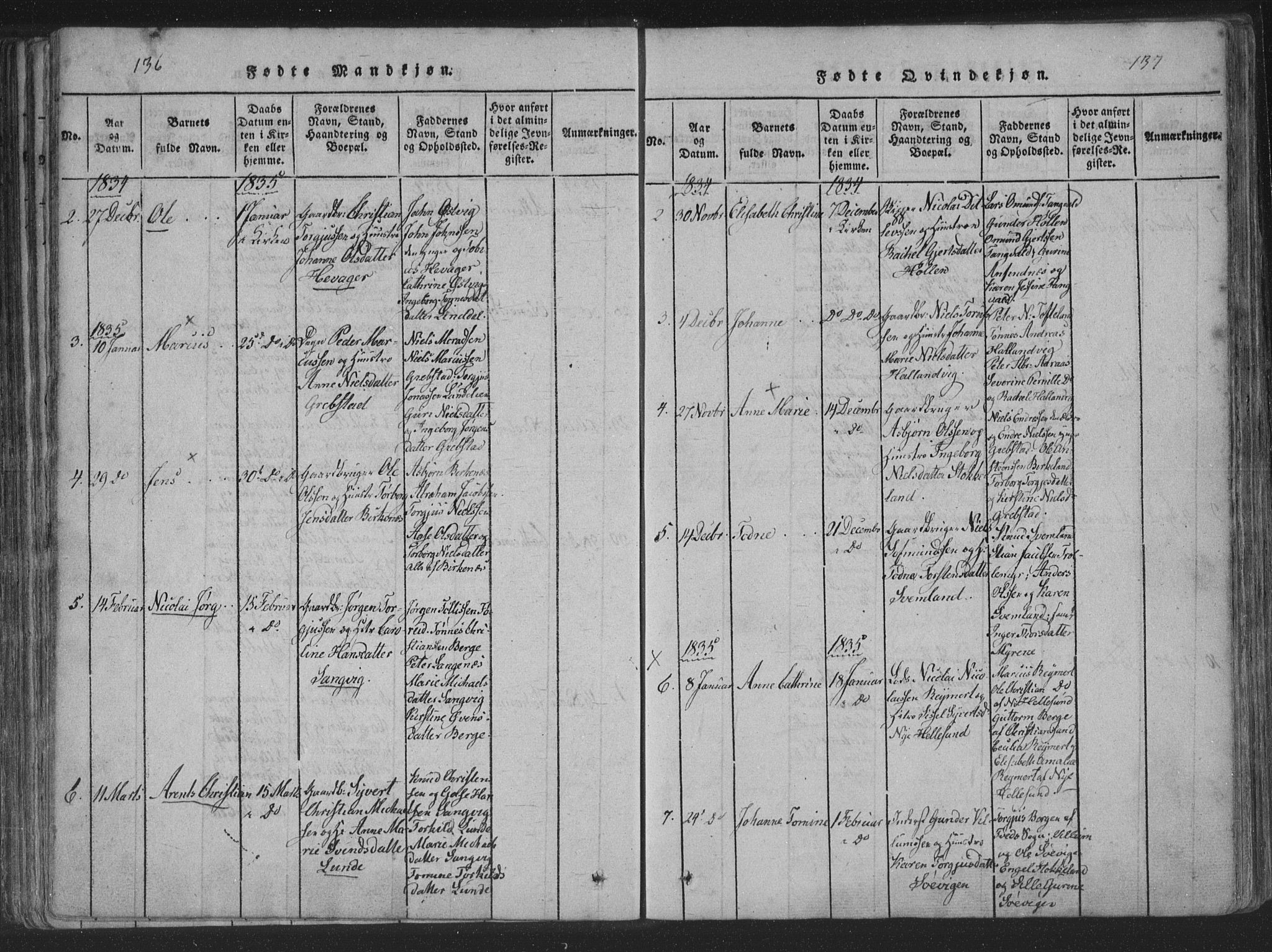 Søgne sokneprestkontor, SAK/1111-0037/F/Fa/Fab/L0008: Parish register (official) no. A 8, 1821-1838, p. 136-137