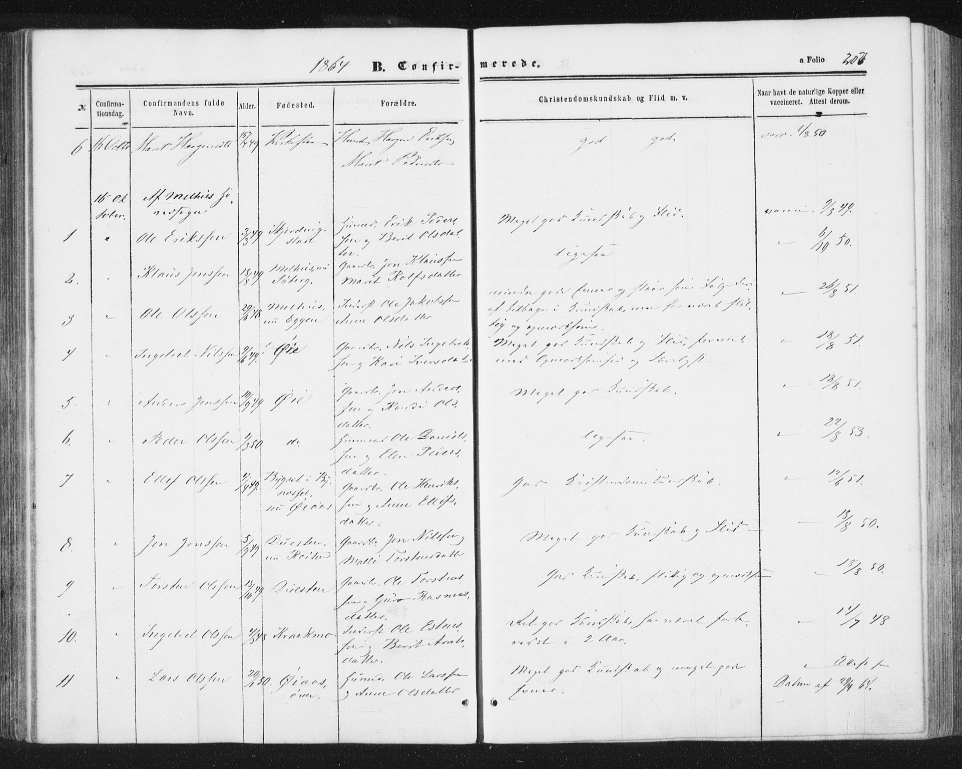 Ministerialprotokoller, klokkerbøker og fødselsregistre - Sør-Trøndelag, AV/SAT-A-1456/691/L1077: Parish register (official) no. 691A09, 1862-1873, p. 207