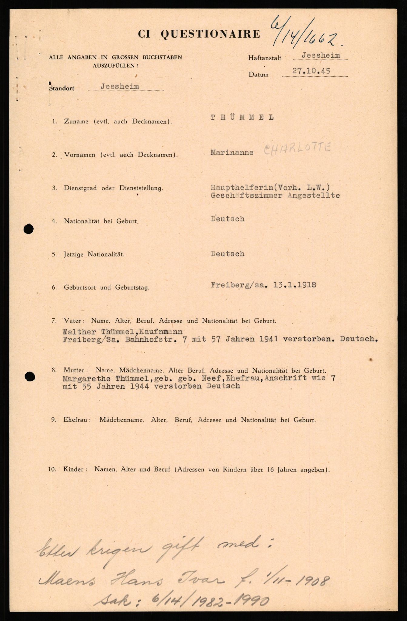 Forsvaret, Forsvarets overkommando II, RA/RAFA-3915/D/Db/L0033: CI Questionaires. Tyske okkupasjonsstyrker i Norge. Tyskere., 1945-1946, p. 496