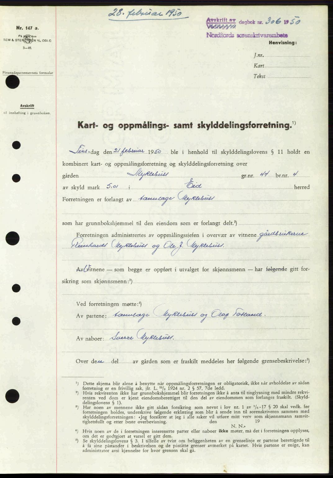 Nordfjord sorenskriveri, SAB/A-2801/02/02b/02bj/L0016a: Mortgage book no. A16 I, 1949-1950, Diary no: : 306/1950