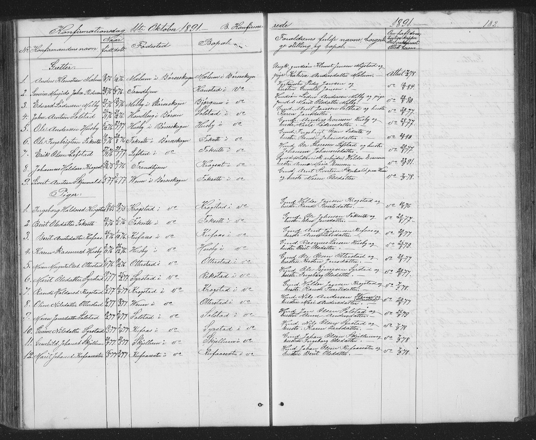 Ministerialprotokoller, klokkerbøker og fødselsregistre - Sør-Trøndelag, SAT/A-1456/667/L0798: Parish register (copy) no. 667C03, 1867-1929, p. 182