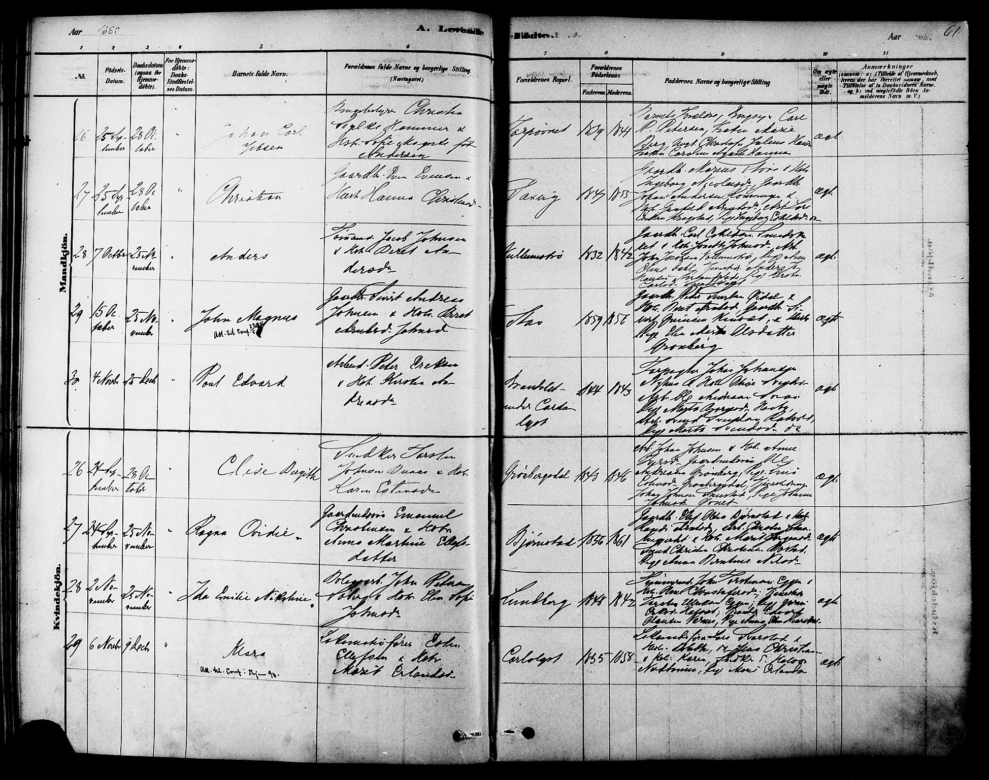 Ministerialprotokoller, klokkerbøker og fødselsregistre - Sør-Trøndelag, AV/SAT-A-1456/616/L0410: Parish register (official) no. 616A07, 1878-1893, p. 61