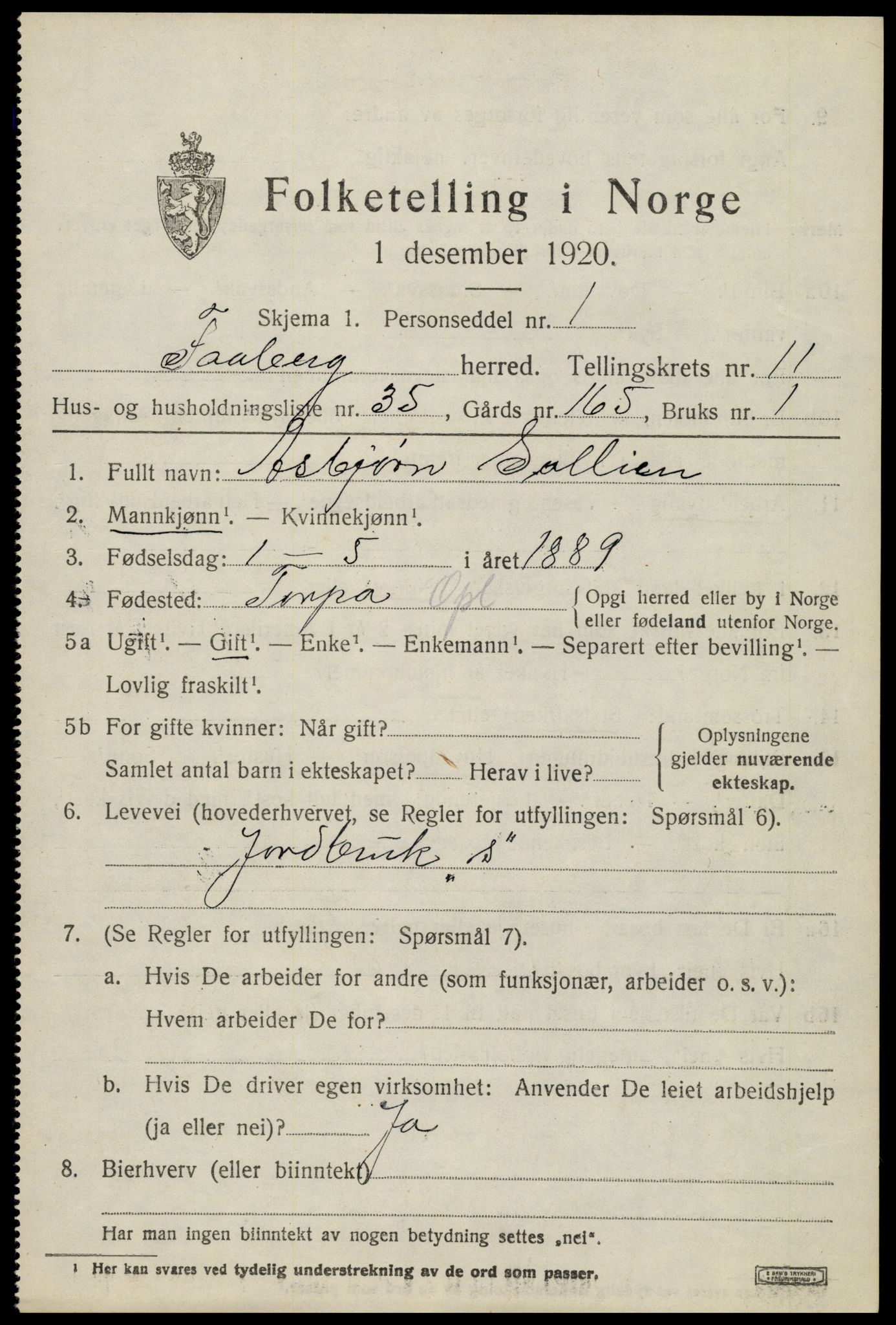 SAH, 1920 census for Fåberg, 1920, p. 12254