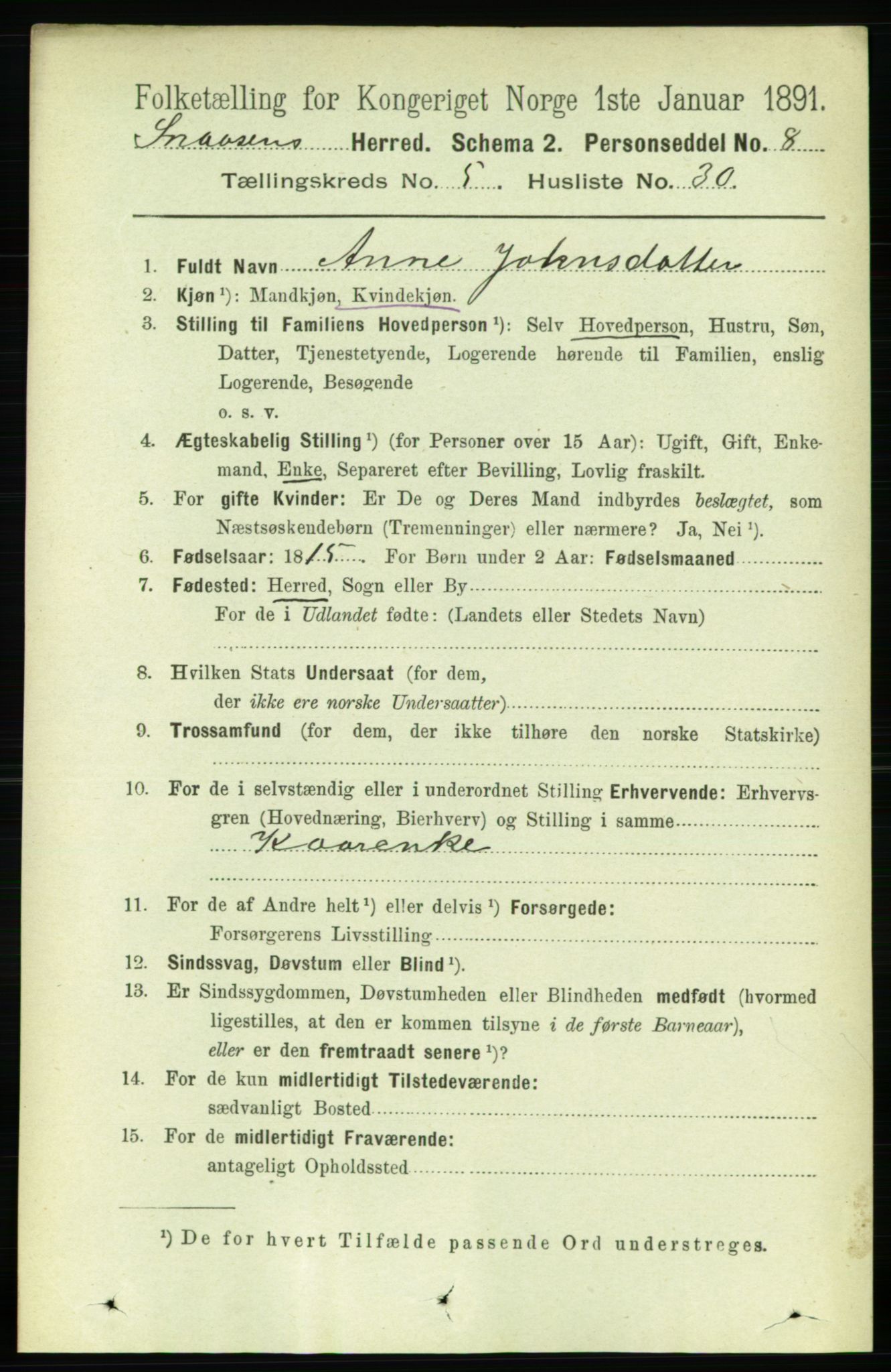 RA, 1891 census for 1736 Snåsa, 1891, p. 1626