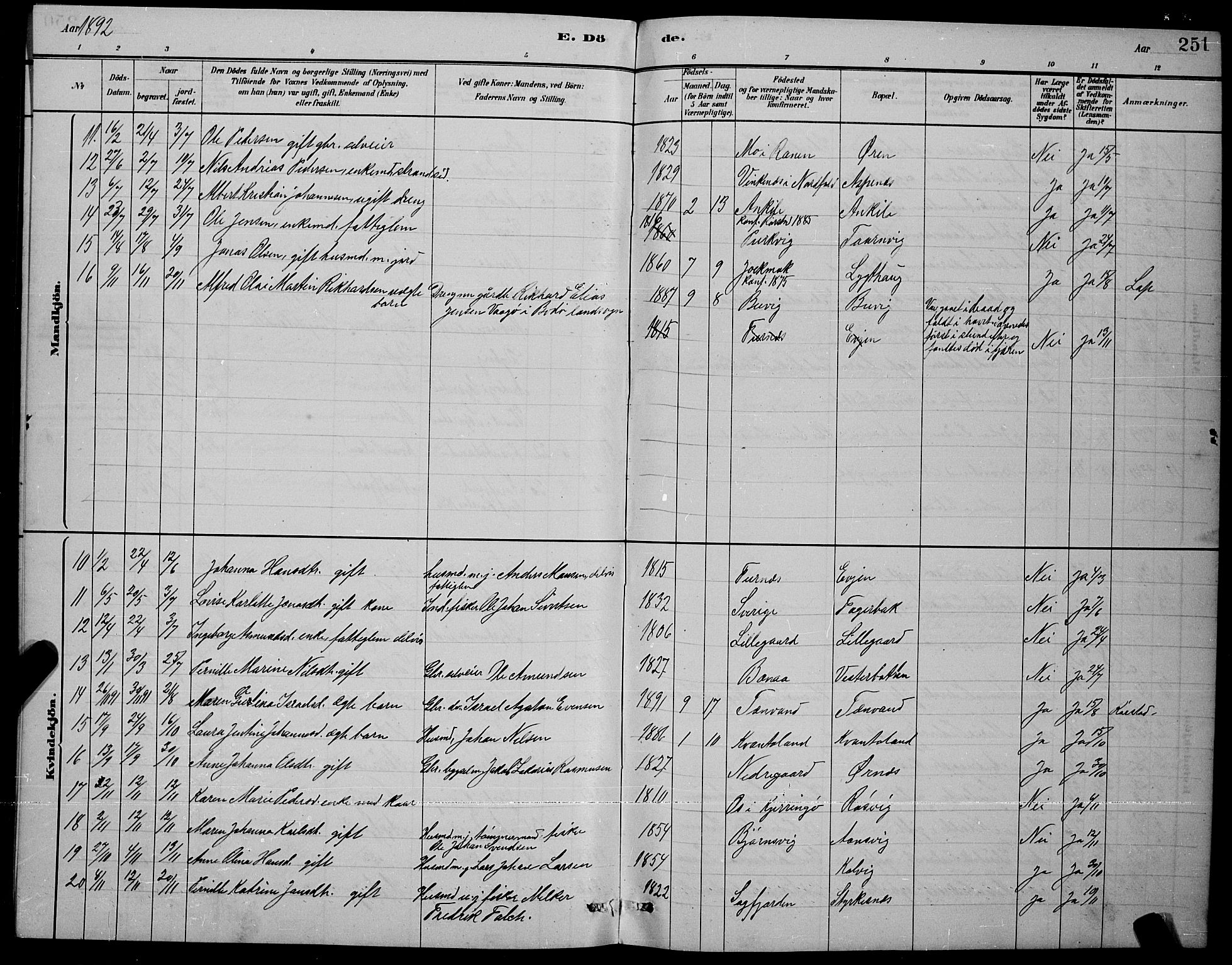 Ministerialprotokoller, klokkerbøker og fødselsregistre - Nordland, AV/SAT-A-1459/853/L0772: Parish register (official) no. 853A11, 1881-1900, p. 251