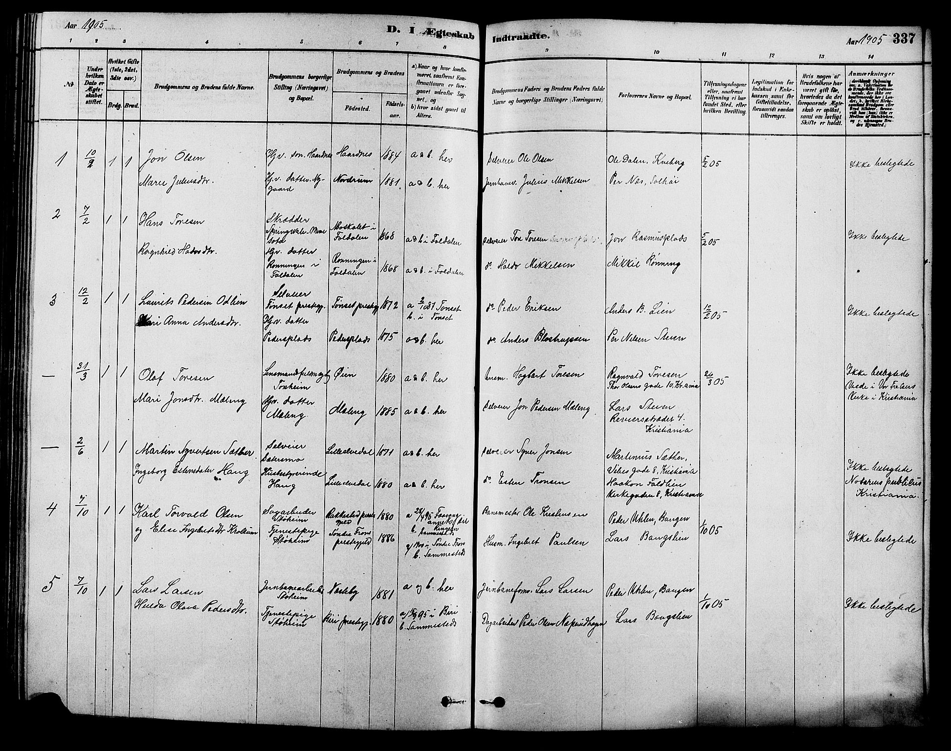 Alvdal prestekontor, SAH/PREST-060/H/Ha/Hab/L0003: Parish register (copy) no. 3, 1878-1907, p. 337