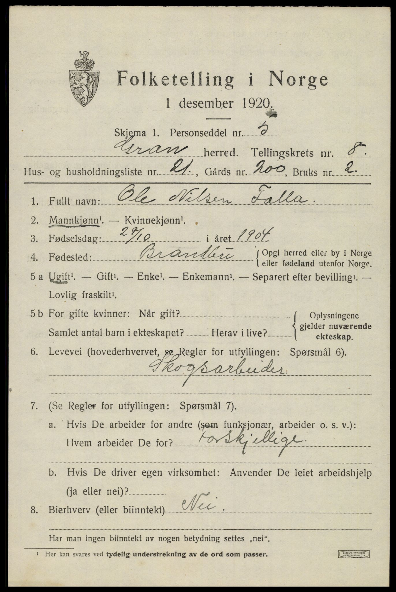 SAH, 1920 census for Gran, 1920, p. 10714