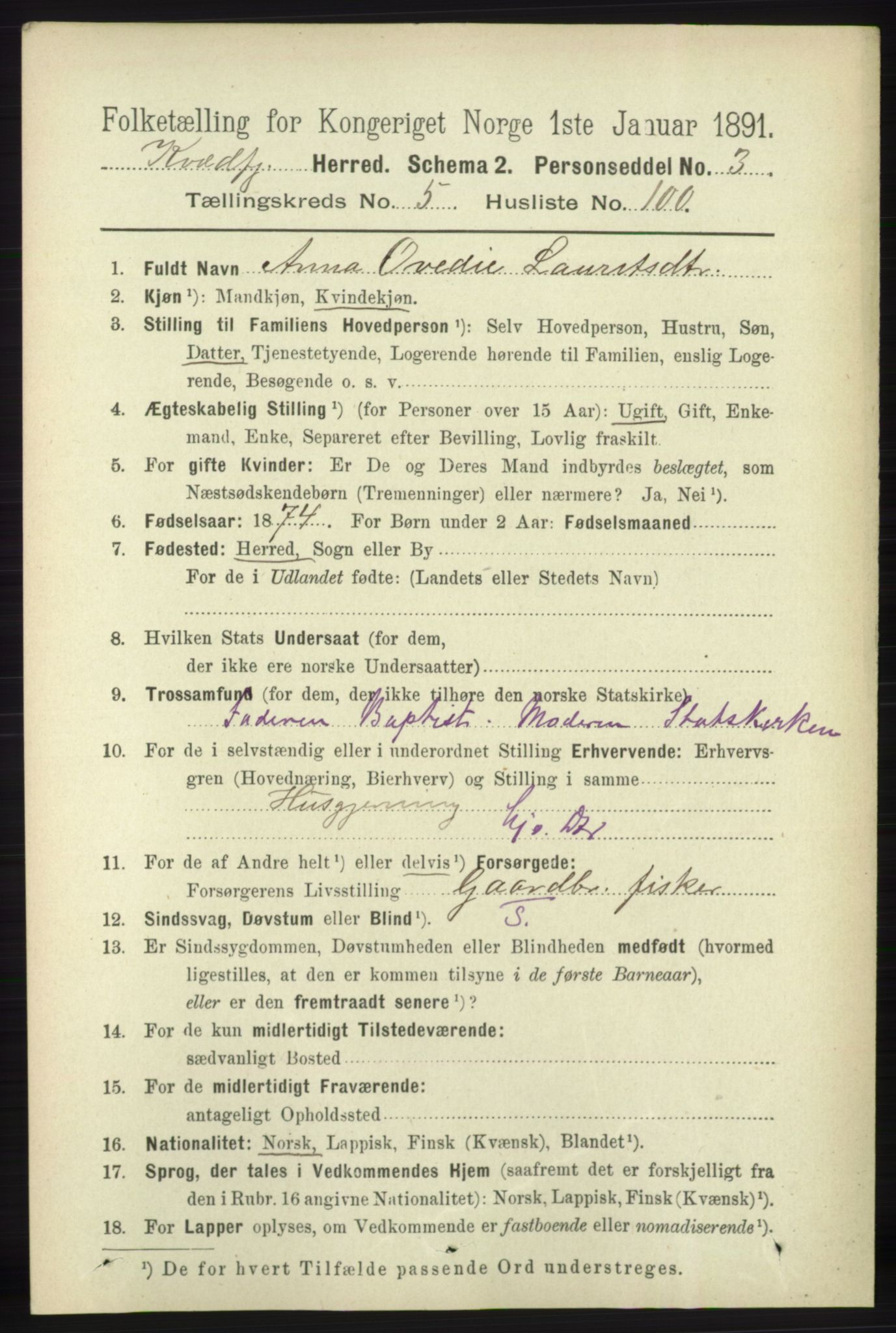 RA, 1891 census for 1911 Kvæfjord, 1891, p. 3469