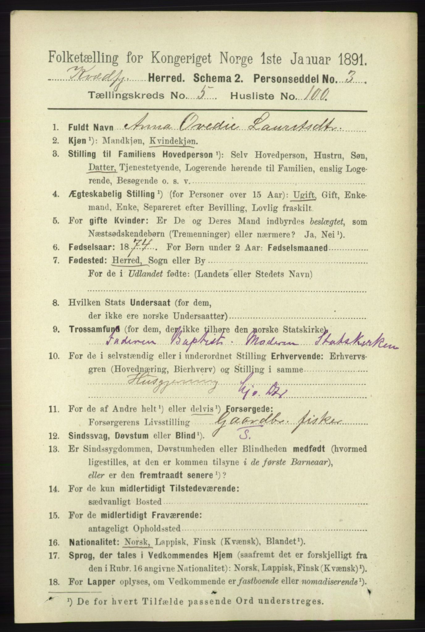 RA, 1891 census for 1911 Kvæfjord, 1891, p. 3469