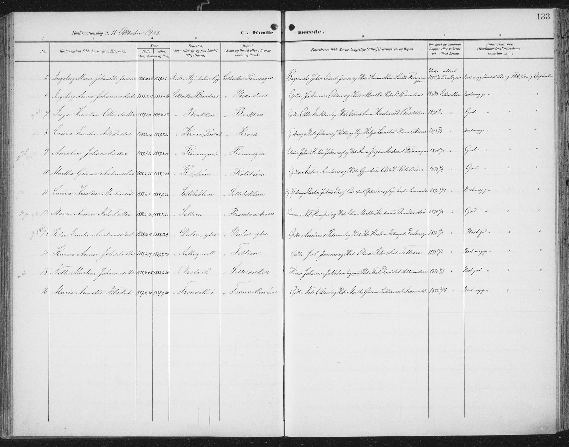 Ministerialprotokoller, klokkerbøker og fødselsregistre - Nord-Trøndelag, SAT/A-1458/701/L0011: Parish register (official) no. 701A11, 1899-1915, p. 133