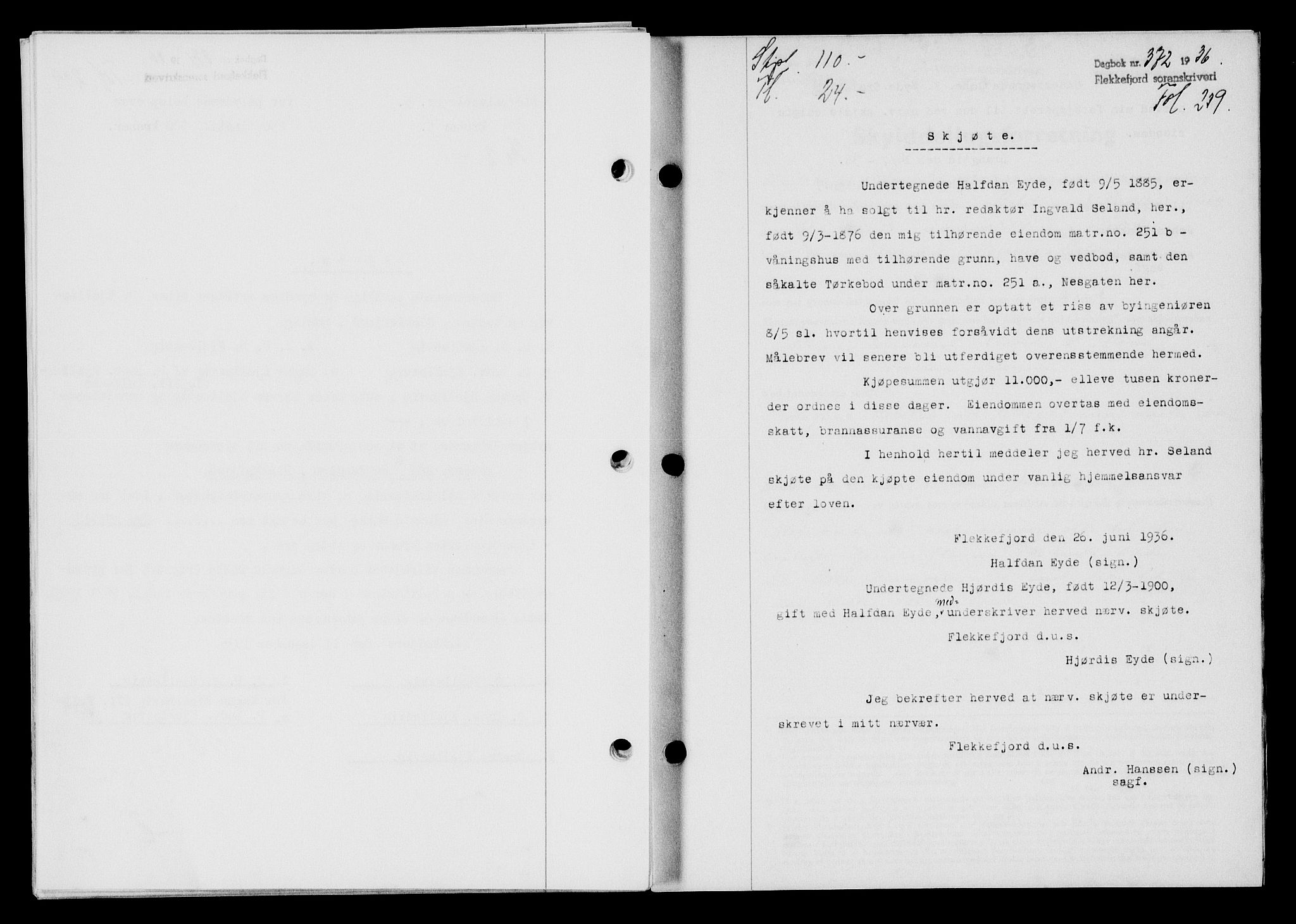 Flekkefjord sorenskriveri, SAK/1221-0001/G/Gb/Gba/L0053: Mortgage book no. A-1, 1936-1937, Diary no: : 372/1936
