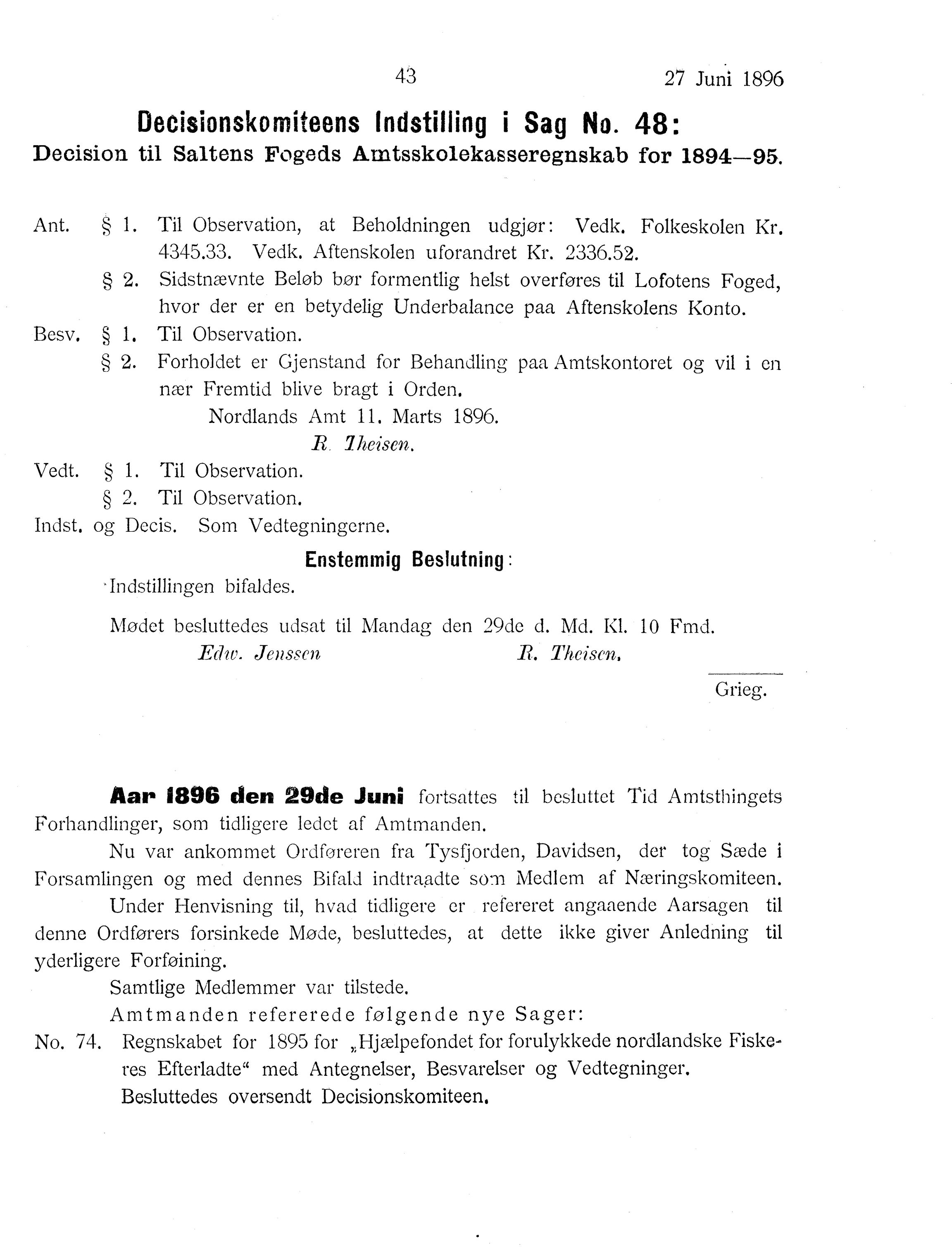Nordland Fylkeskommune. Fylkestinget, AIN/NFK-17/176/A/Ac/L0019: Fylkestingsforhandlinger 1896, 1896, p. 43