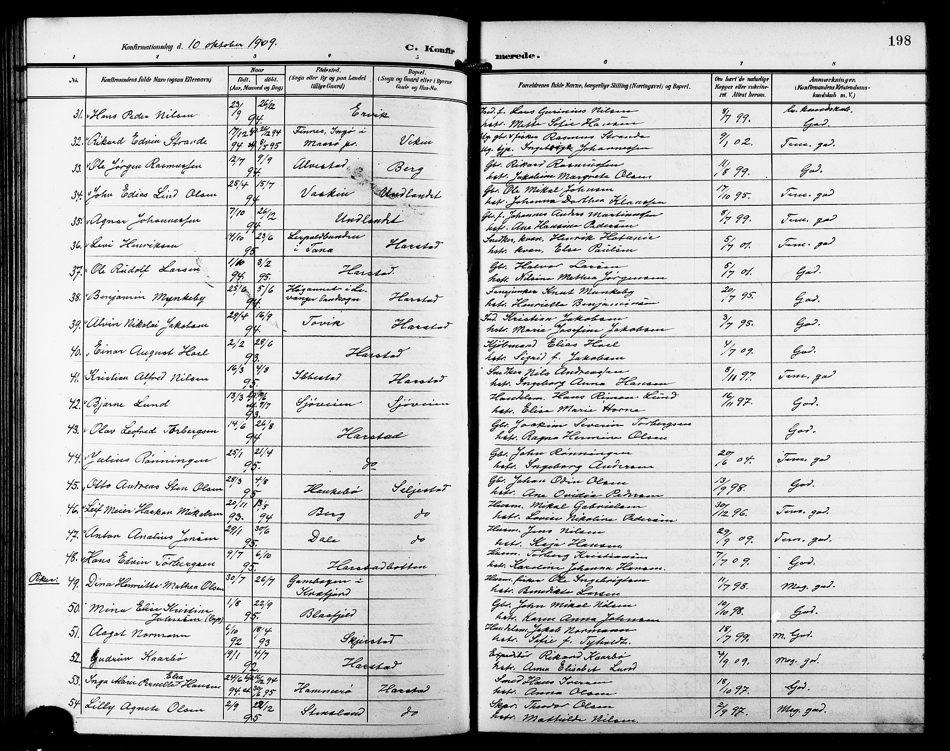 Trondenes sokneprestkontor, SATØ/S-1319/H/Hb/L0012klokker: Parish register (copy) no. 12, 1907-1916, p. 198