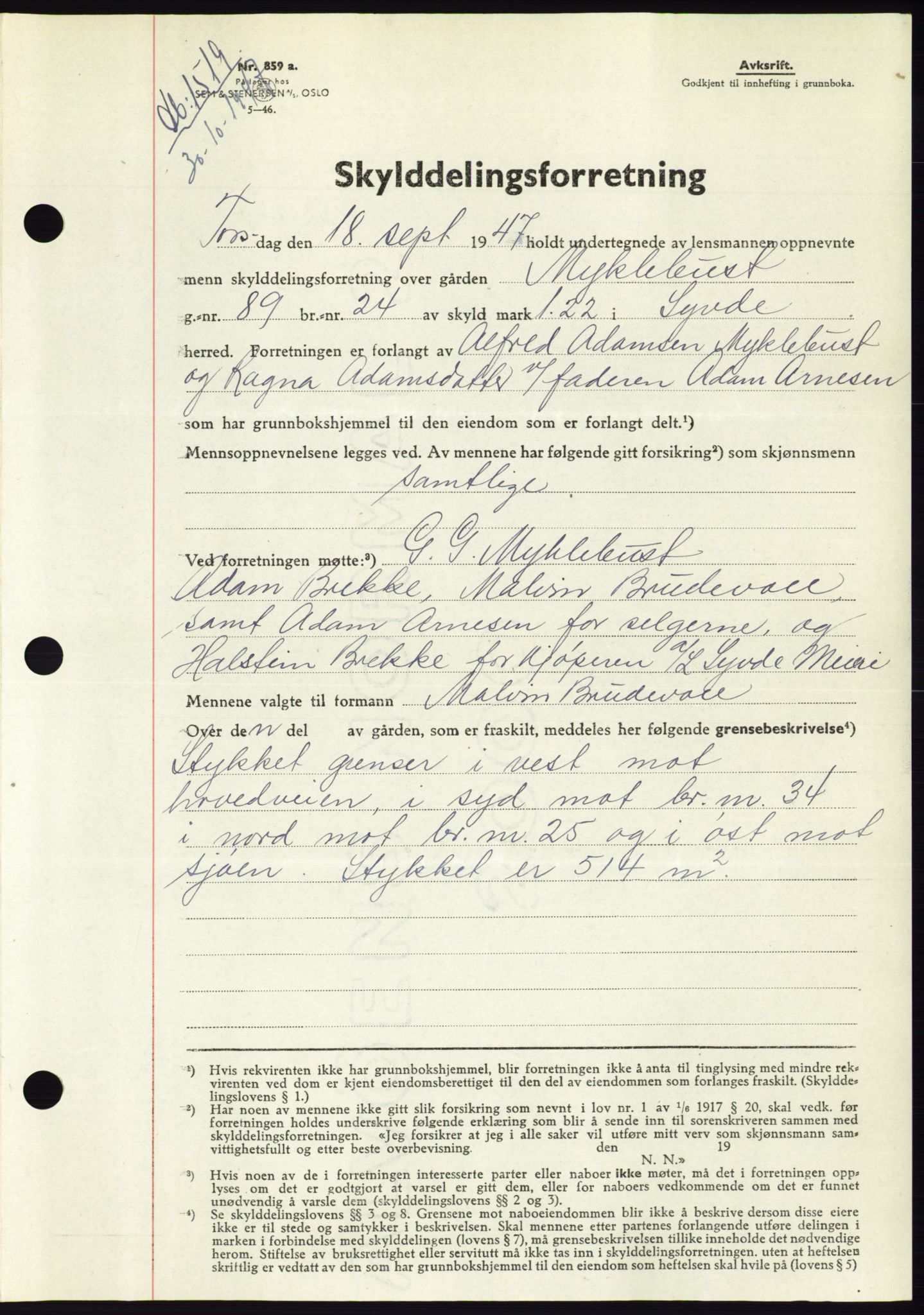 Søre Sunnmøre sorenskriveri, AV/SAT-A-4122/1/2/2C/L0081: Mortgage book no. 7A, 1947-1948, Diary no: : 1519/1947