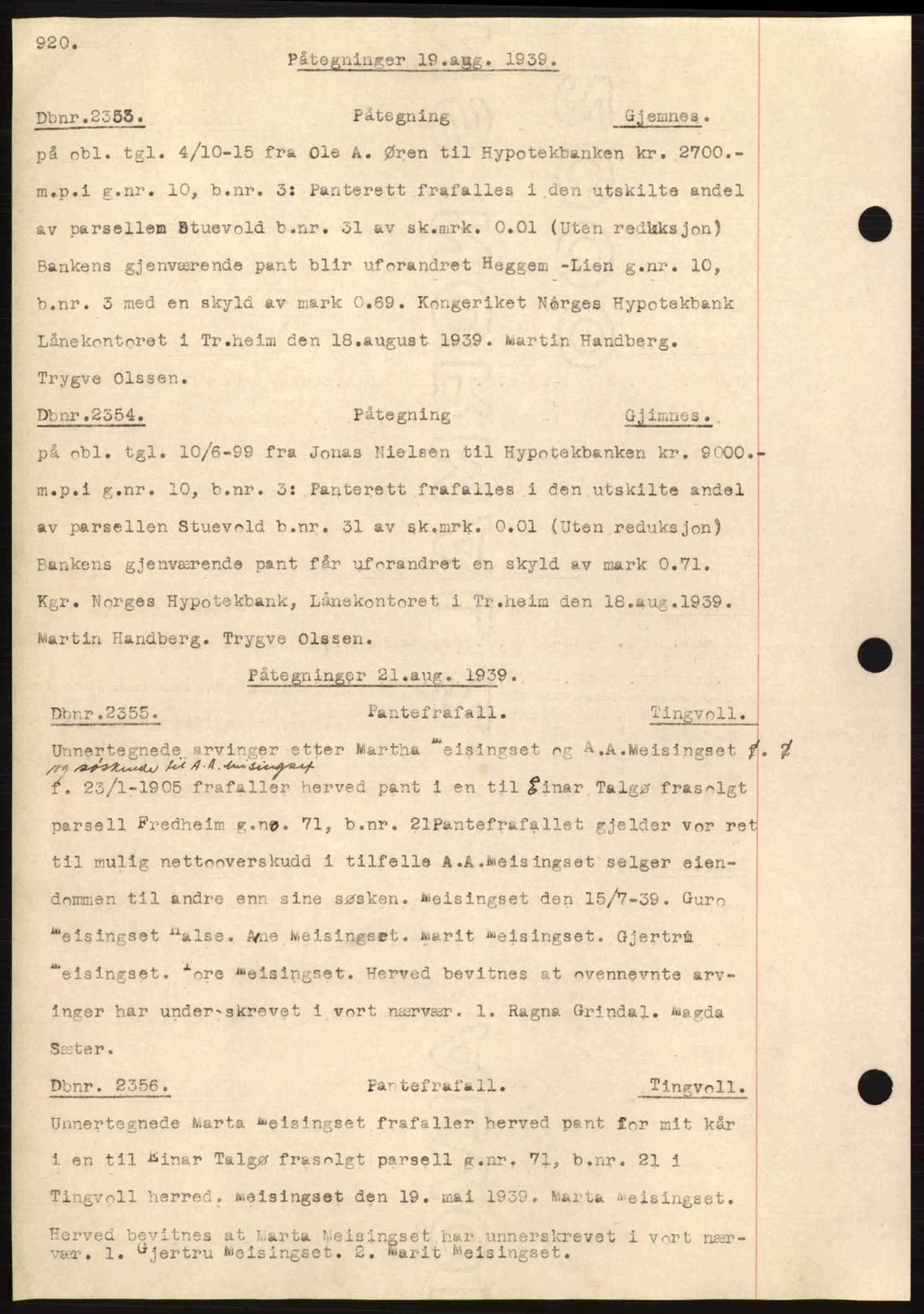 Nordmøre sorenskriveri, AV/SAT-A-4132/1/2/2Ca: Mortgage book no. C80, 1936-1939, Diary no: : 2353/1939