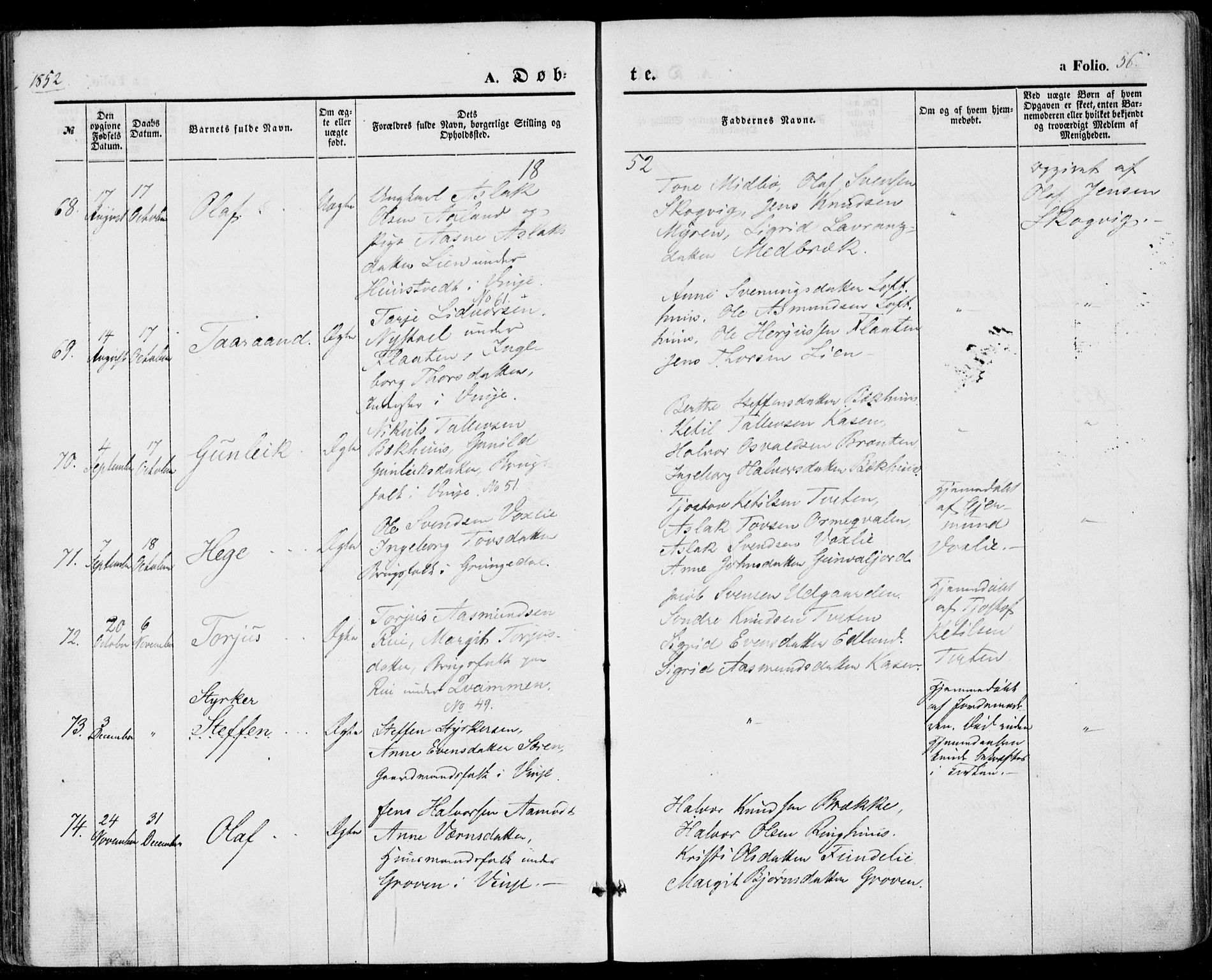Vinje kirkebøker, SAKO/A-312/F/Fa/L0004: Parish register (official) no. I 4, 1843-1869, p. 56