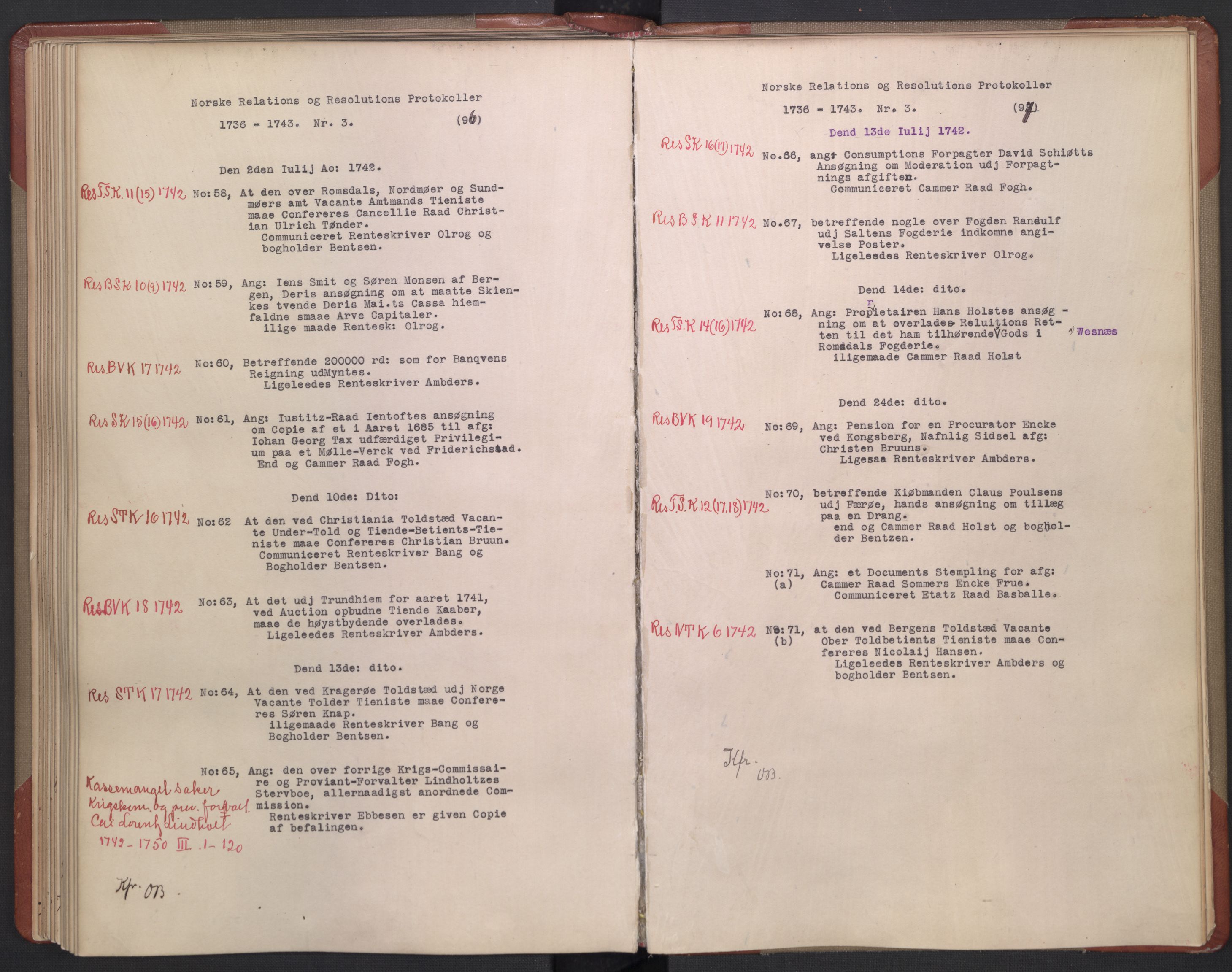 Avskriftsamlingen, AV/RA-EA-4022/F/Fb/L0117: Registratur over norske Relasjons- og  resolusjonsprotokoller, 1736-1743, p. 75