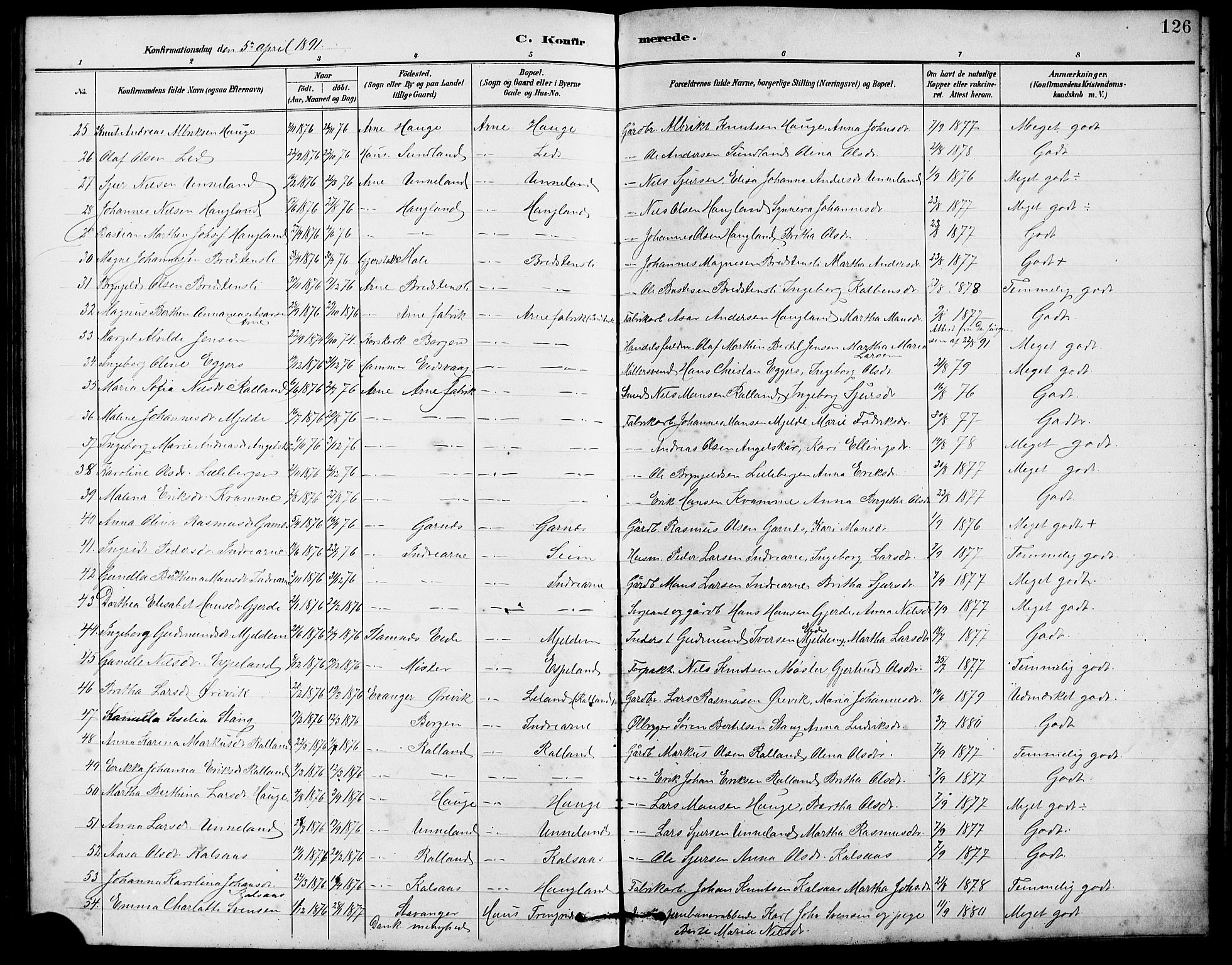 Arna sokneprestembete, AV/SAB-A-74001/H/Ha/Hab: Parish register (copy) no. A 3, 1887-1897, p. 126