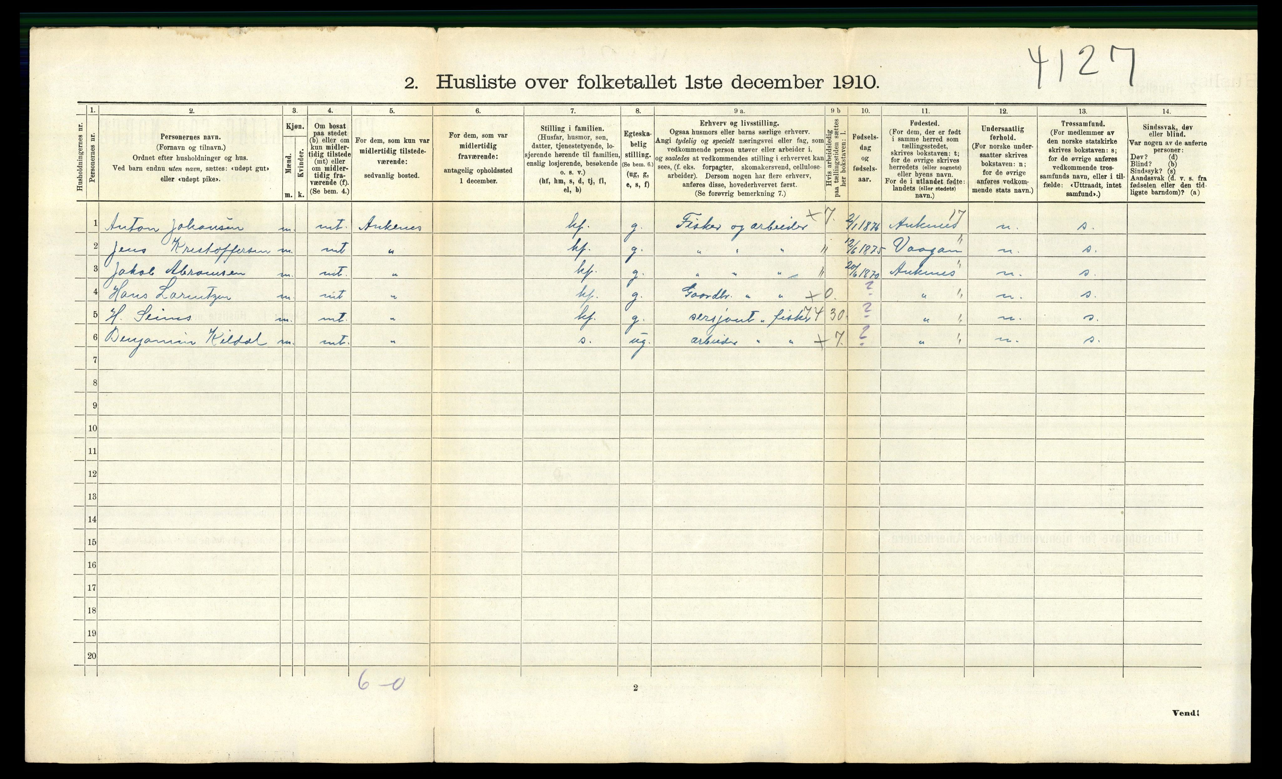 RA, 1910 census for Evenes, 1910, p. 1252