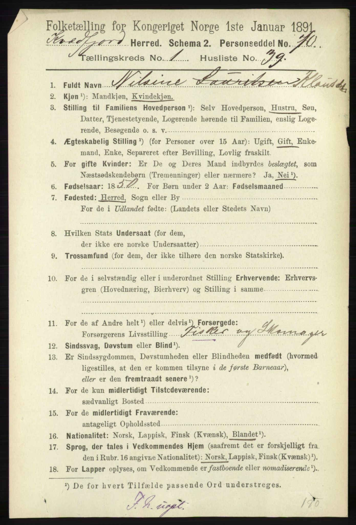 RA, 1891 census for 1911 Kvæfjord, 1891, p. 344