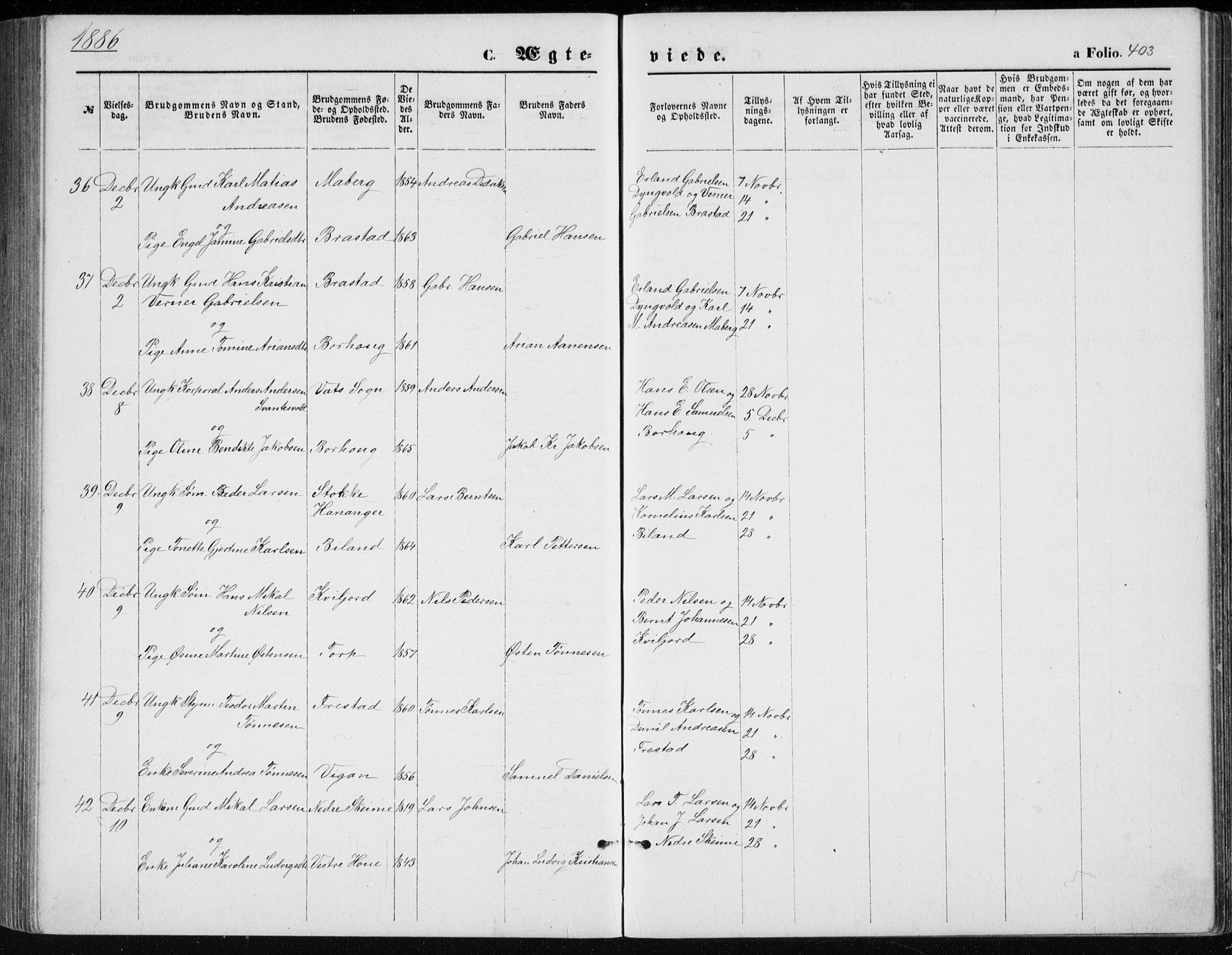 Lista sokneprestkontor, AV/SAK-1111-0027/F/Fb/L0004: Parish register (copy) no. B 4, 1877-1891, p. 403