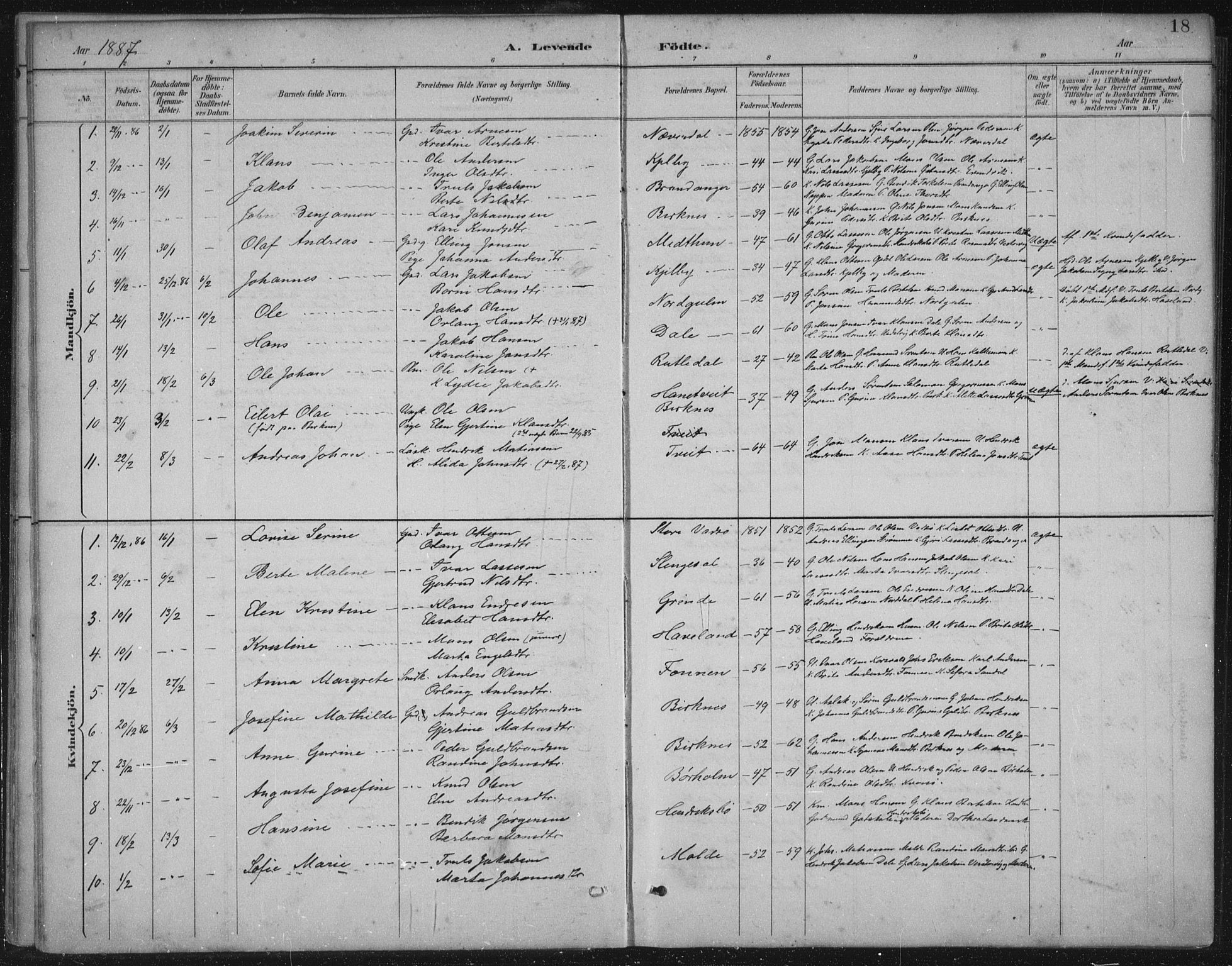 Gulen sokneprestembete, AV/SAB-A-80201/H/Hab/Habb/L0003: Parish register (copy) no. B 3, 1884-1907, p. 18