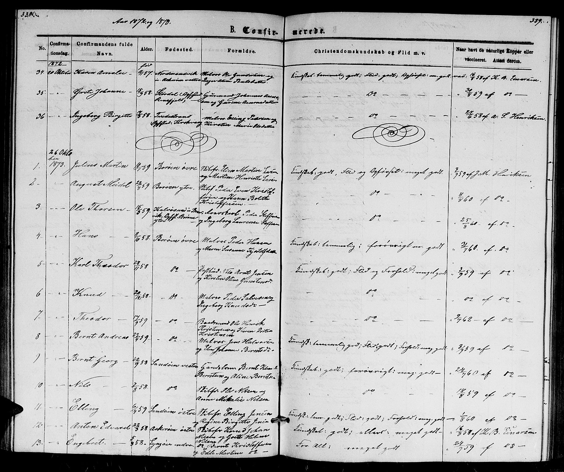 Dypvåg sokneprestkontor, AV/SAK-1111-0007/F/Fb/Fba/L0012: Parish register (copy) no. B 12, 1872-1886, p. 338-339