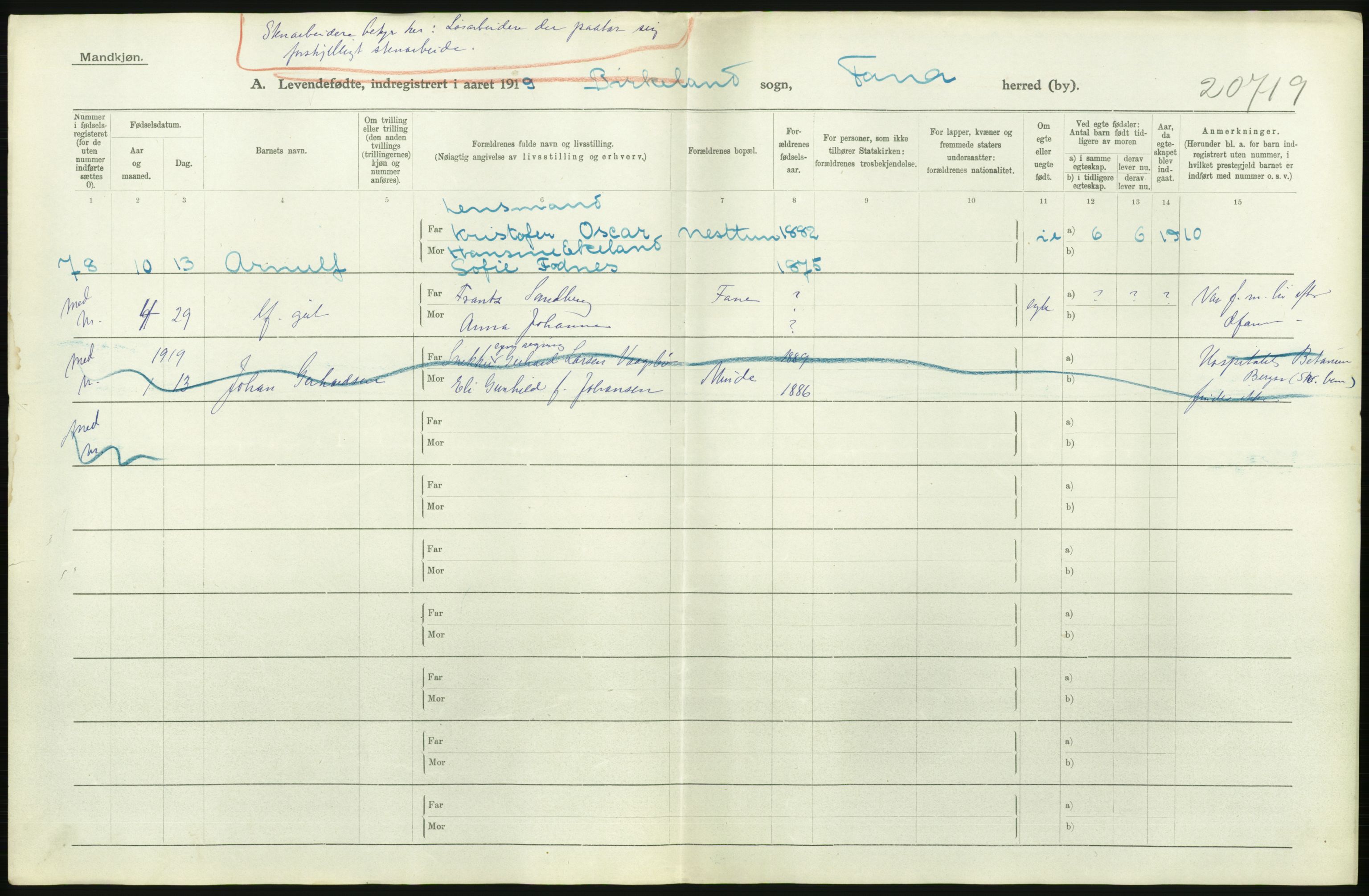 Statistisk sentralbyrå, Sosiodemografiske emner, Befolkning, RA/S-2228/D/Df/Dfb/Dfbi/L0031: Hordaland fylke: Levendefødte menn og kvinner. Bygder., 1919, p. 176