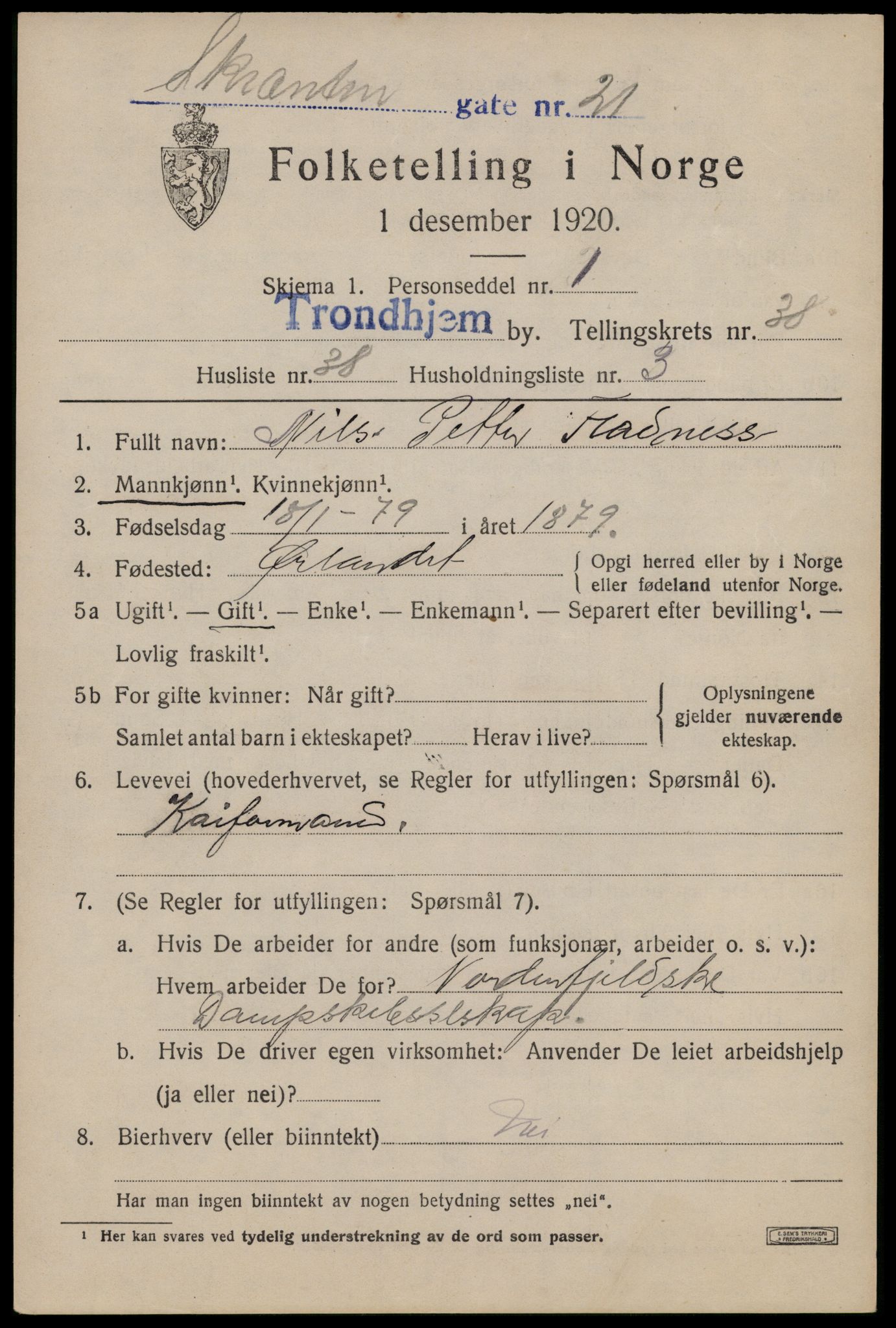 SAT, 1920 census for Trondheim, 1920, p. 87402