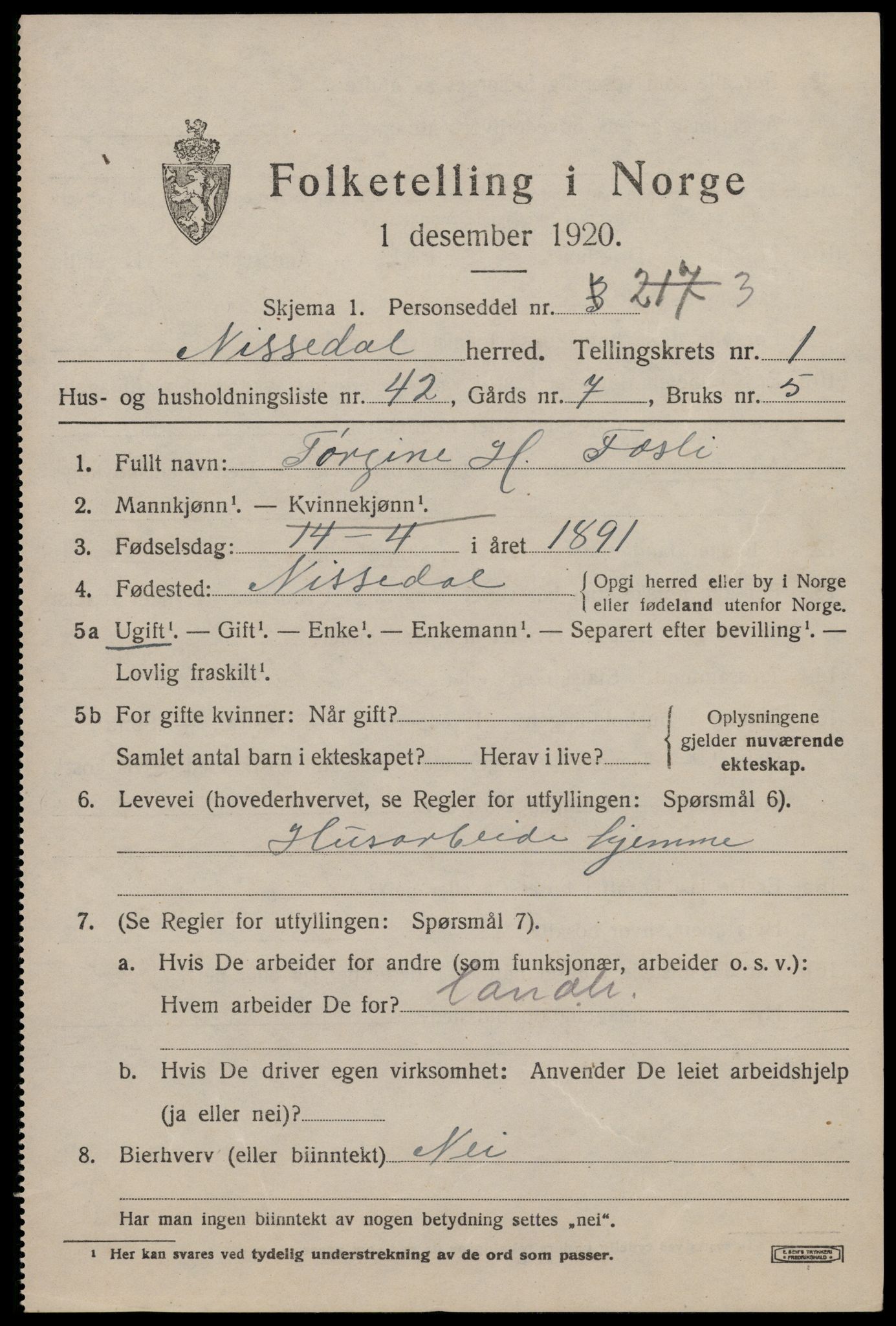 SAKO, 1920 census for Nissedal, 1920, p. 1267