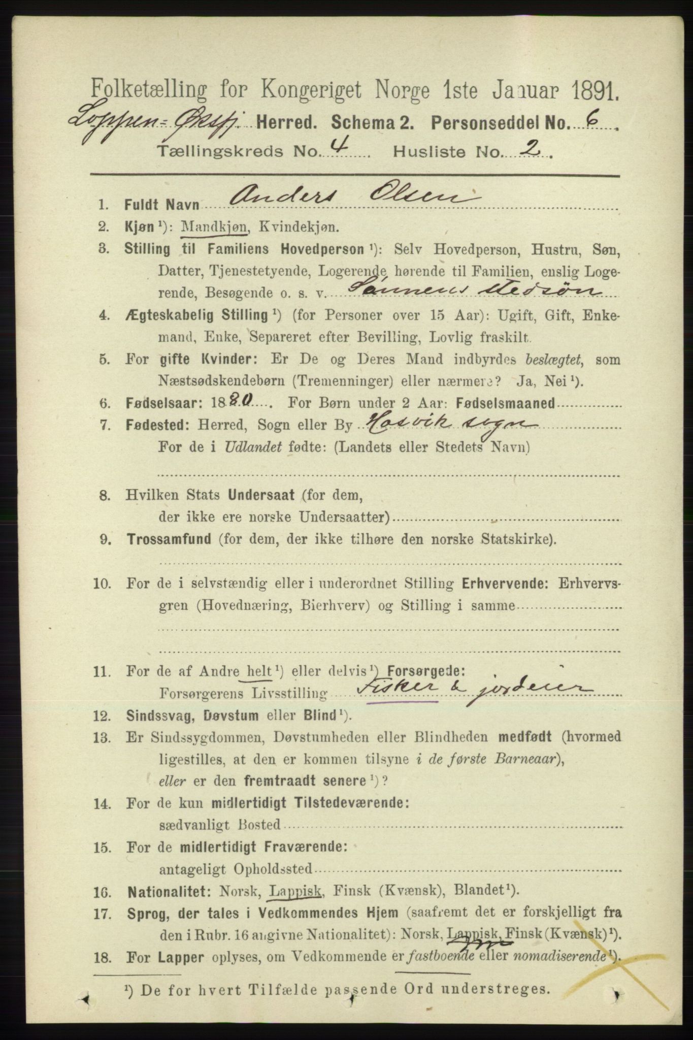 RA, 1891 census for 2014 Loppa, 1891, p. 875