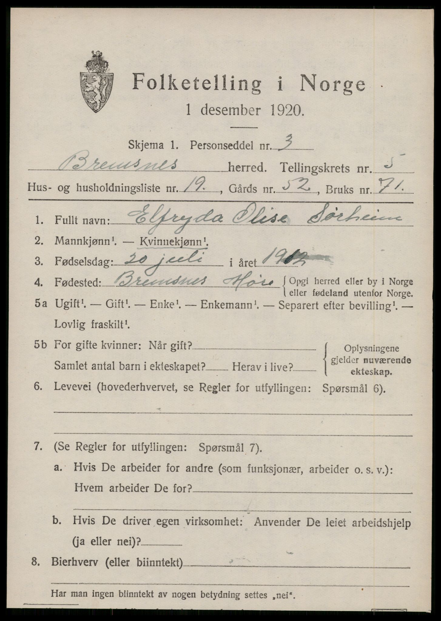 SAT, 1920 census for Bremsnes, 1920, p. 4589