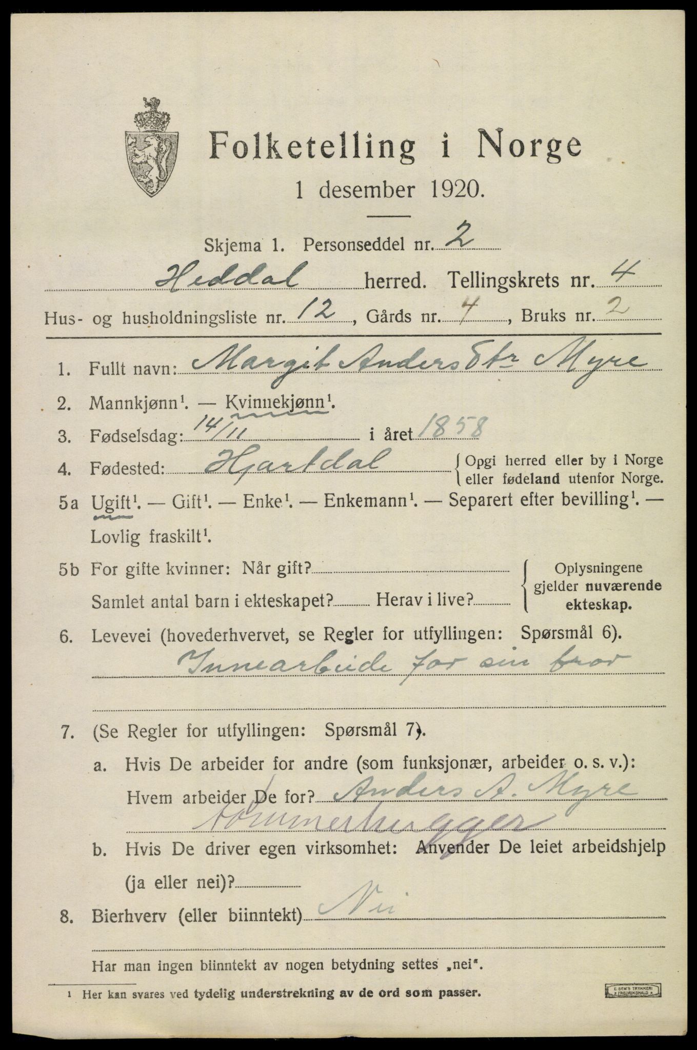 SAKO, 1920 census for Heddal, 1920, p. 4568