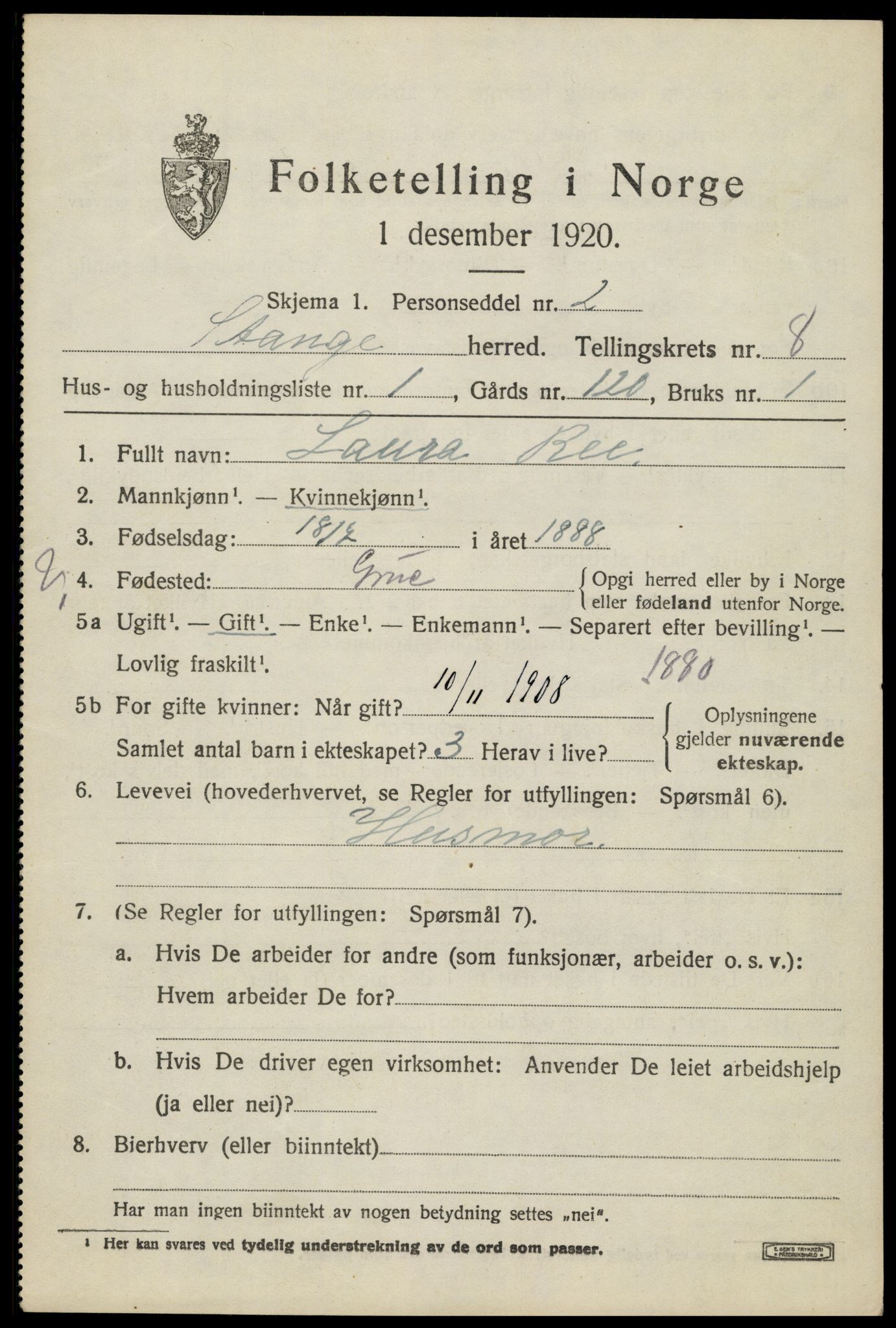 SAH, 1920 census for Stange, 1920, p. 13485