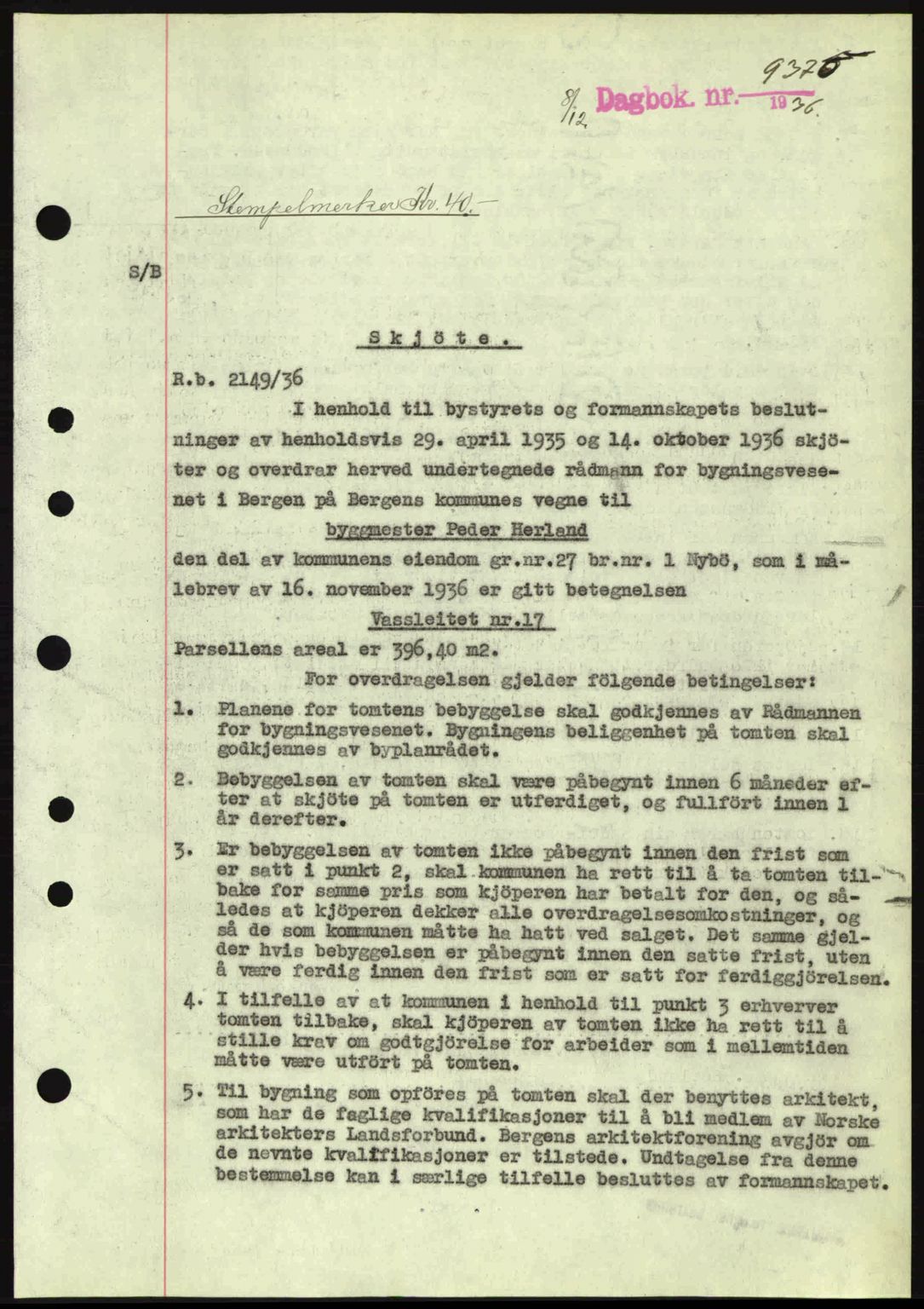 Byfogd og Byskriver i Bergen, AV/SAB-A-3401/03/03Bc/L0003: Mortgage book no. A2-3, 1936-1936, Diary no: : 9375/1936