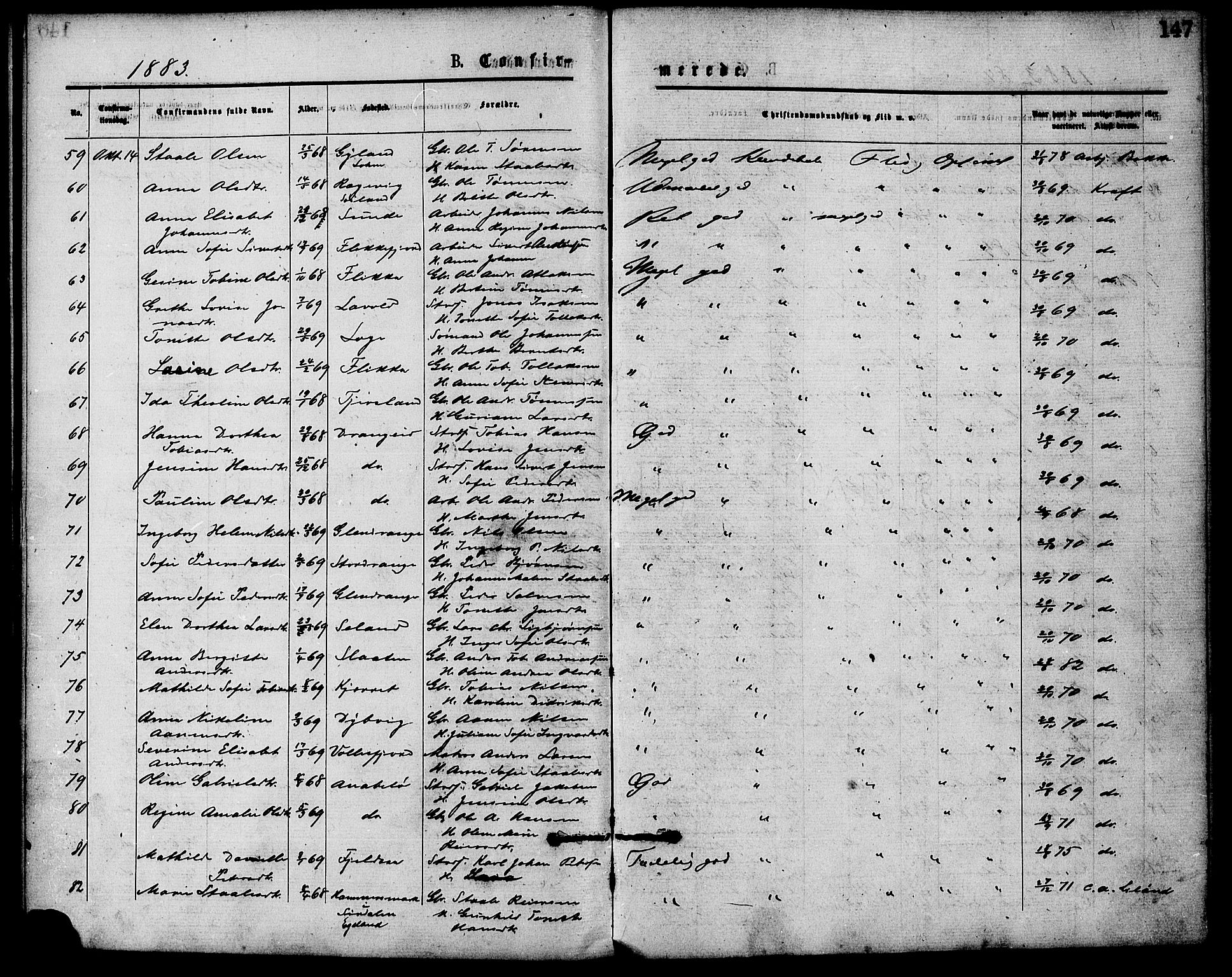 Flekkefjord sokneprestkontor, AV/SAK-1111-0012/F/Fa/Fac/L0007: Parish register (official) no. A 7, 1875-1885, p. 147