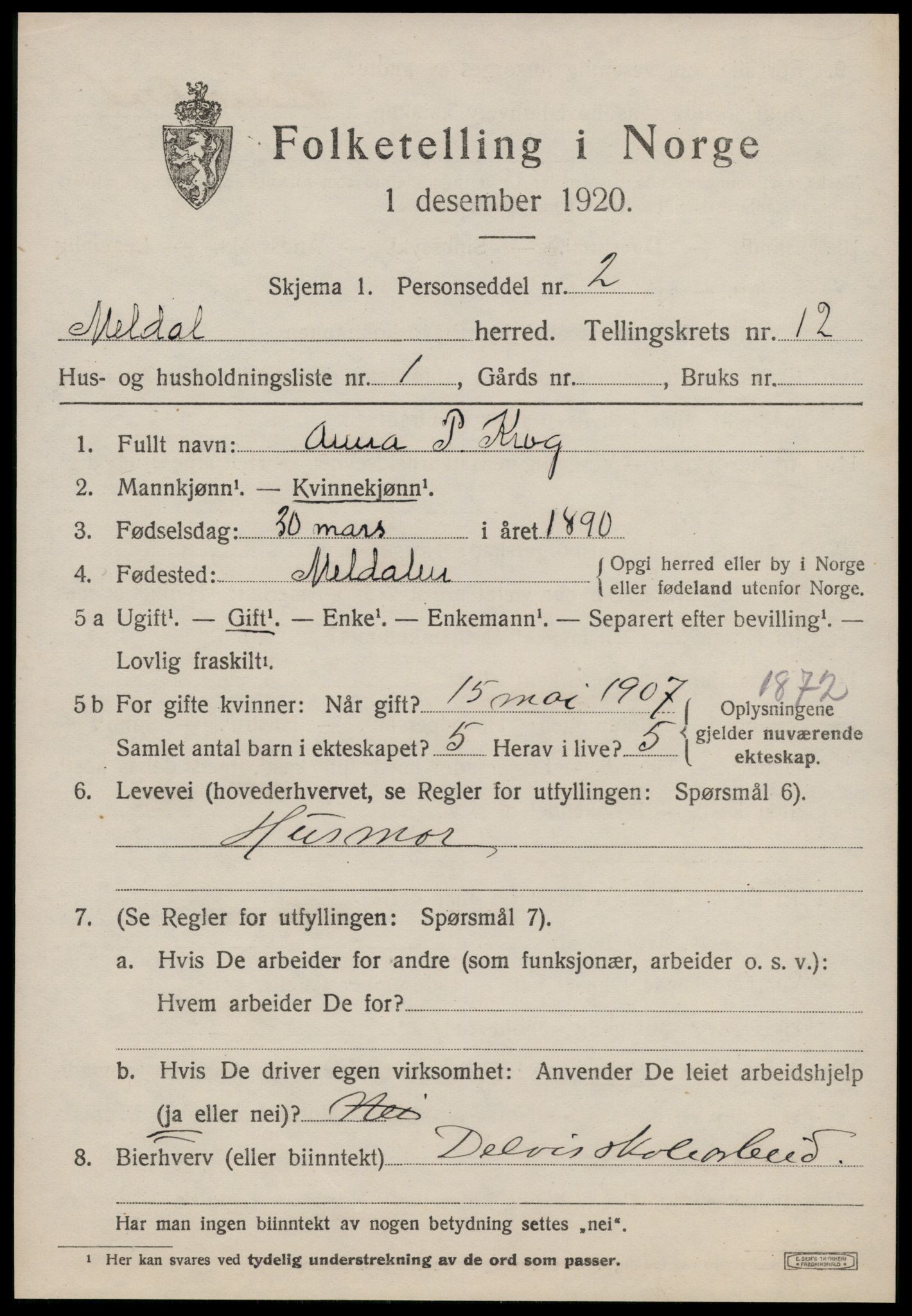 SAT, 1920 census for Meldal, 1920, p. 9133