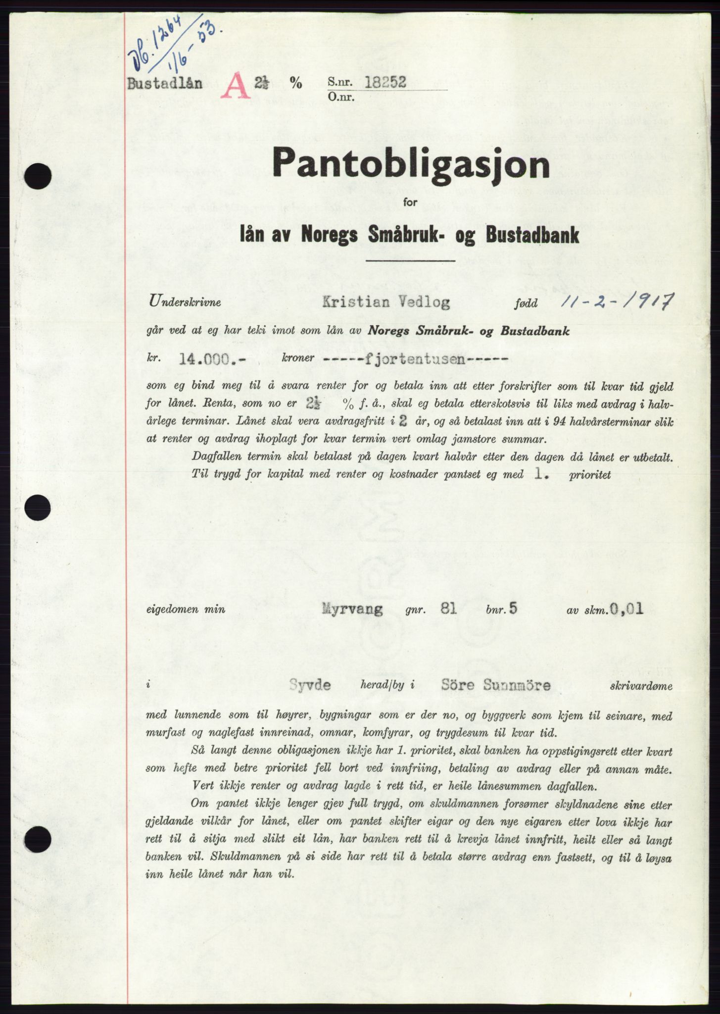 Søre Sunnmøre sorenskriveri, AV/SAT-A-4122/1/2/2C/L0123: Mortgage book no. 11B, 1953-1953, Diary no: : 1264/1953