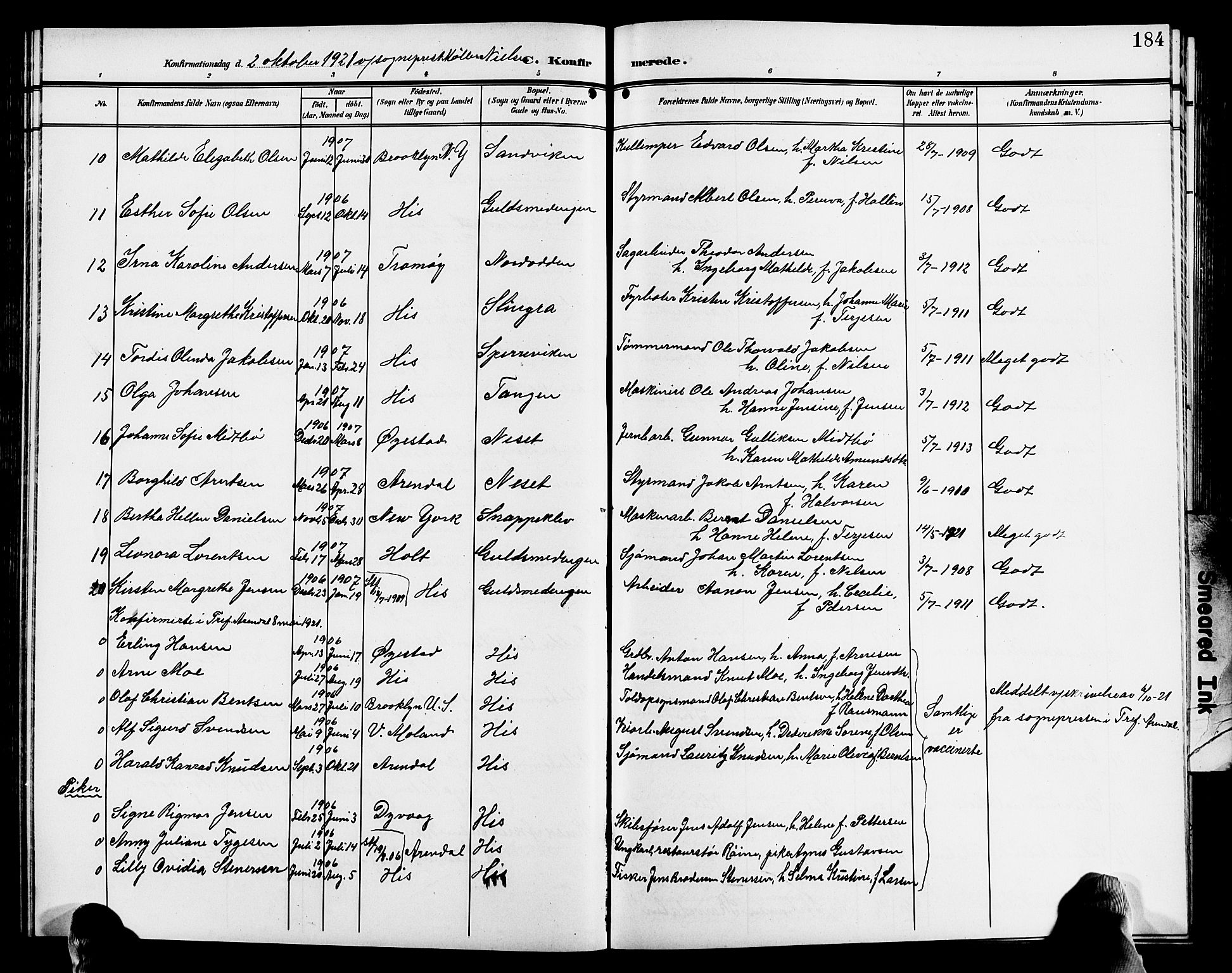Hisøy sokneprestkontor, AV/SAK-1111-0020/F/Fb/L0004: Parish register (copy) no. B 4, 1905-1923, p. 184