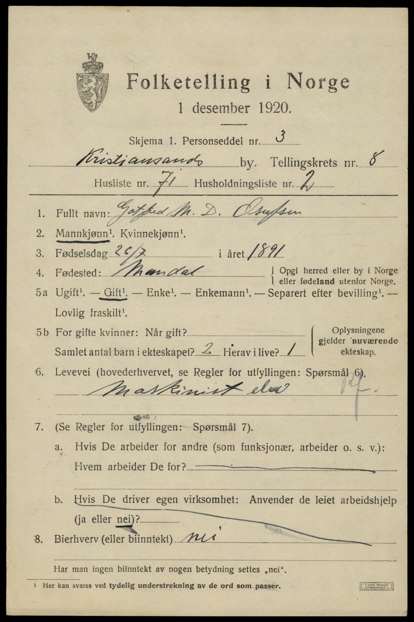 SAK, 1920 census for Kristiansand, 1920, p. 22501