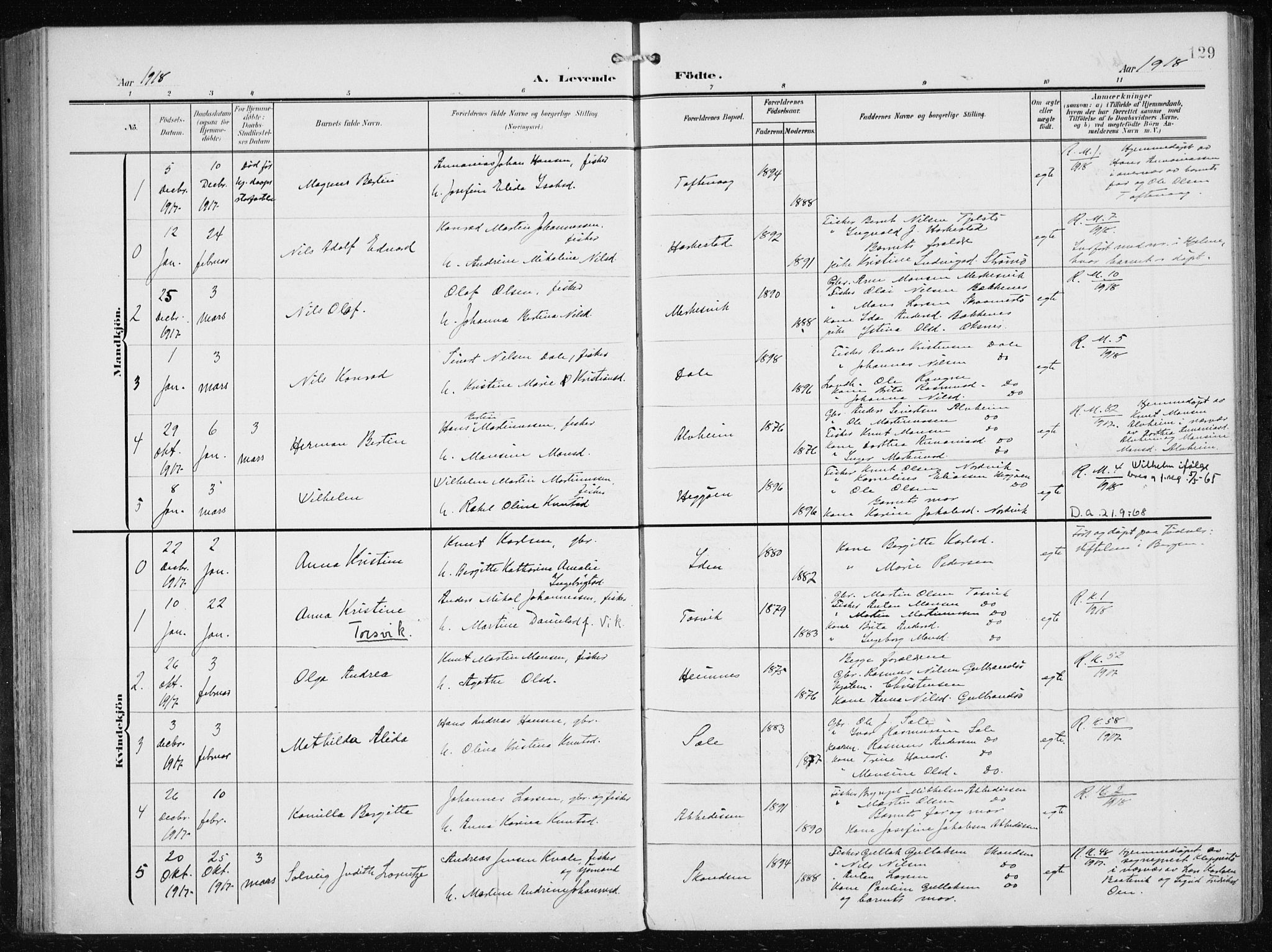 Herdla Sokneprestembete, SAB/A-75701/H/Haa: Parish register (official) no. A 5, 1905-1918, p. 129