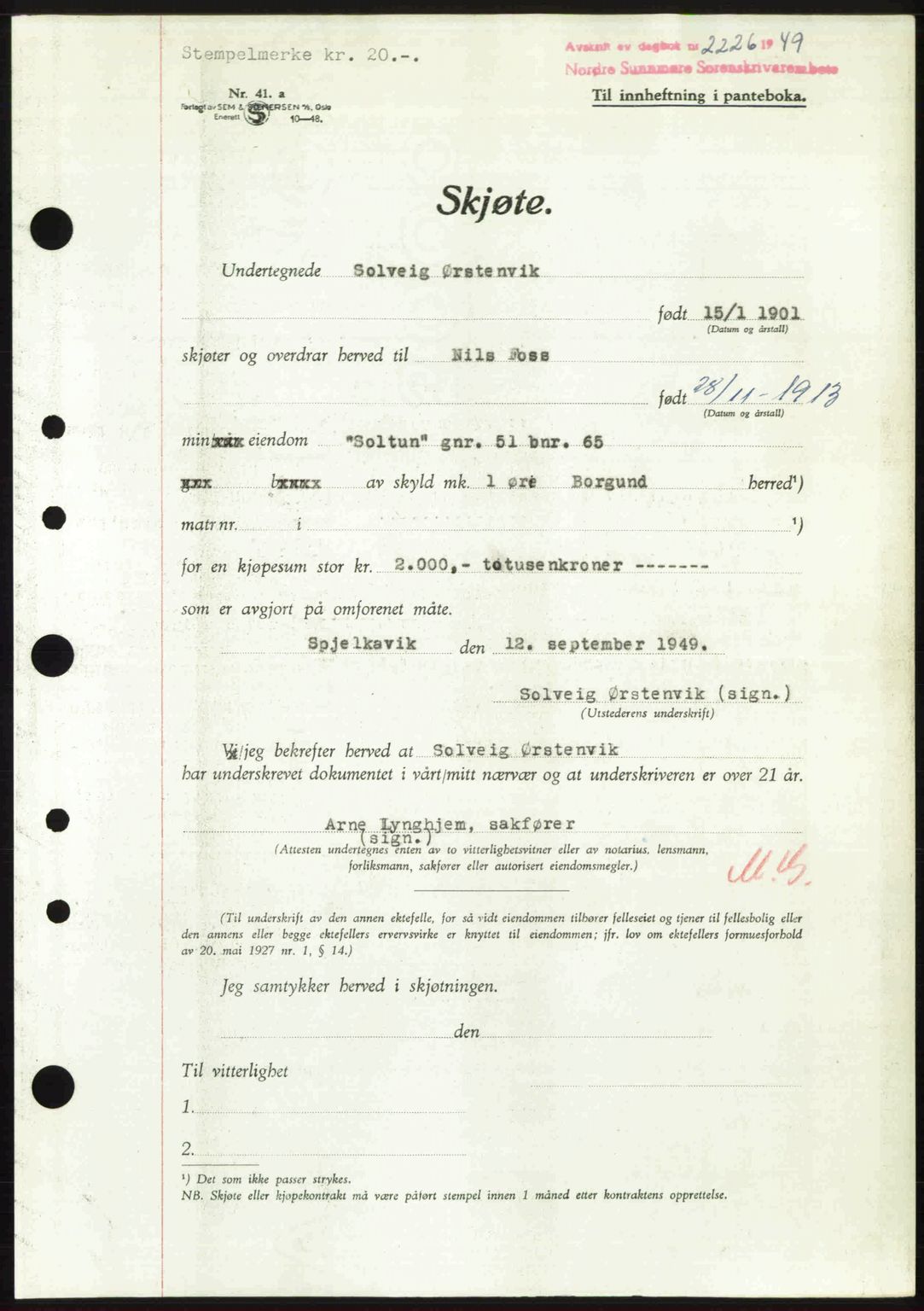 Nordre Sunnmøre sorenskriveri, AV/SAT-A-0006/1/2/2C/2Ca: Mortgage book no. A32, 1949-1949, Diary no: : 2226/1949