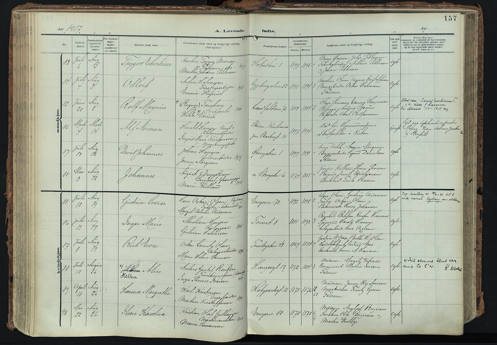 Bragernes kirkebøker, SAKO/A-6/F/Fb/L0010: Parish register (official) no. II 10, 1911-1922, p. 157
